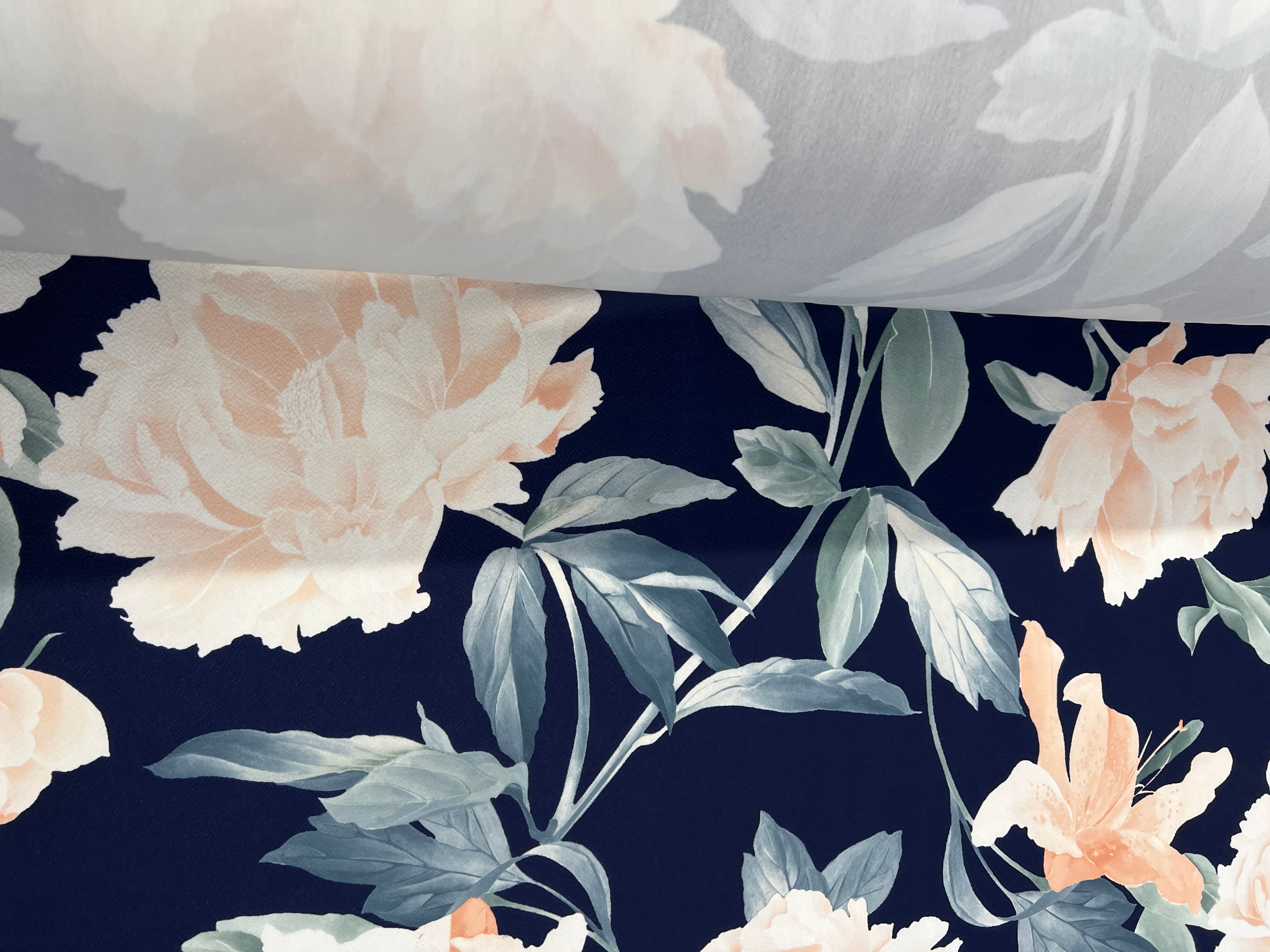 Blush Peony Floral Liverpool Fabric – Navy Blue & Sage