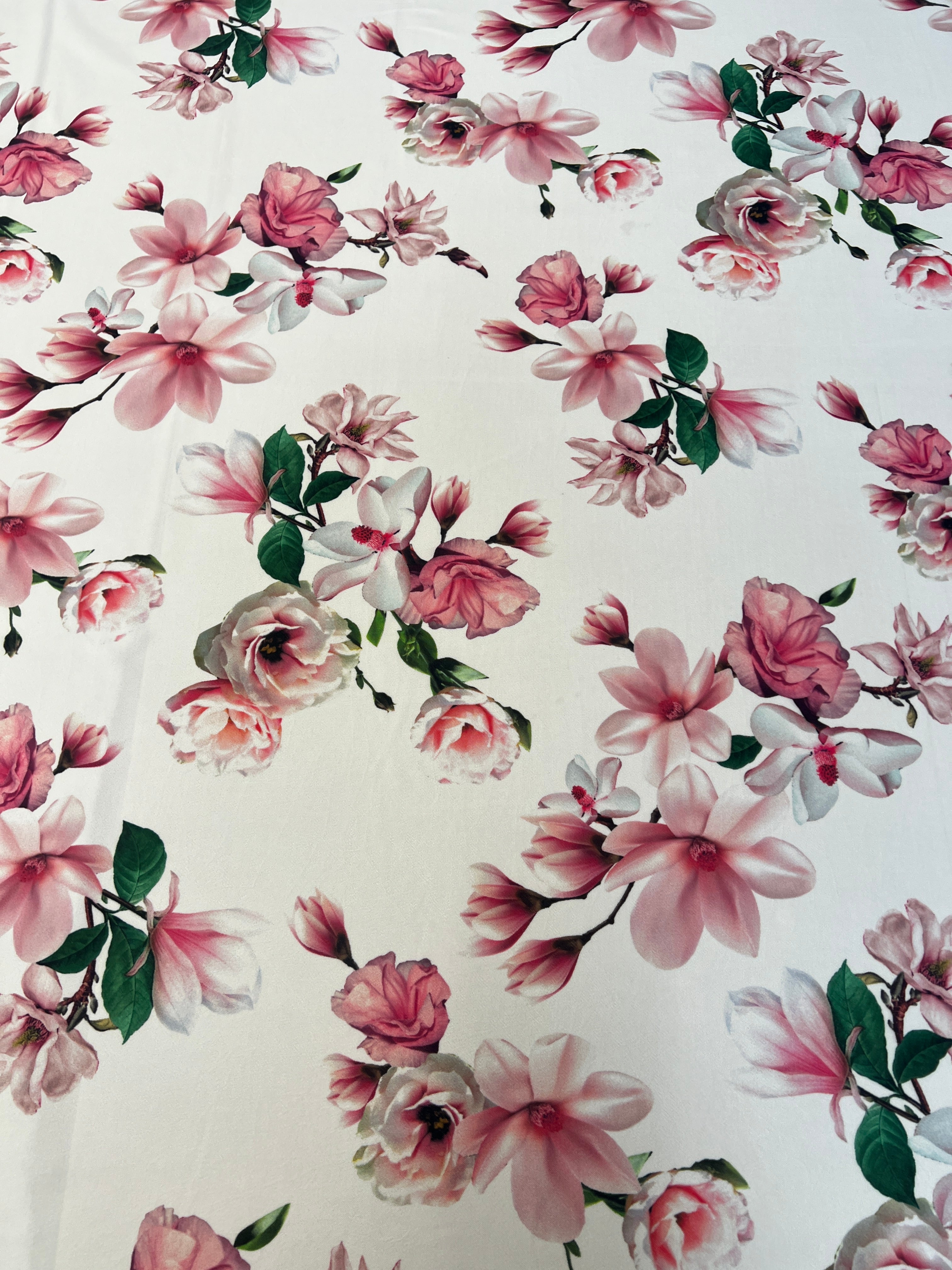 Ivory Pink Rose Floral Scuba Crepe Fabric