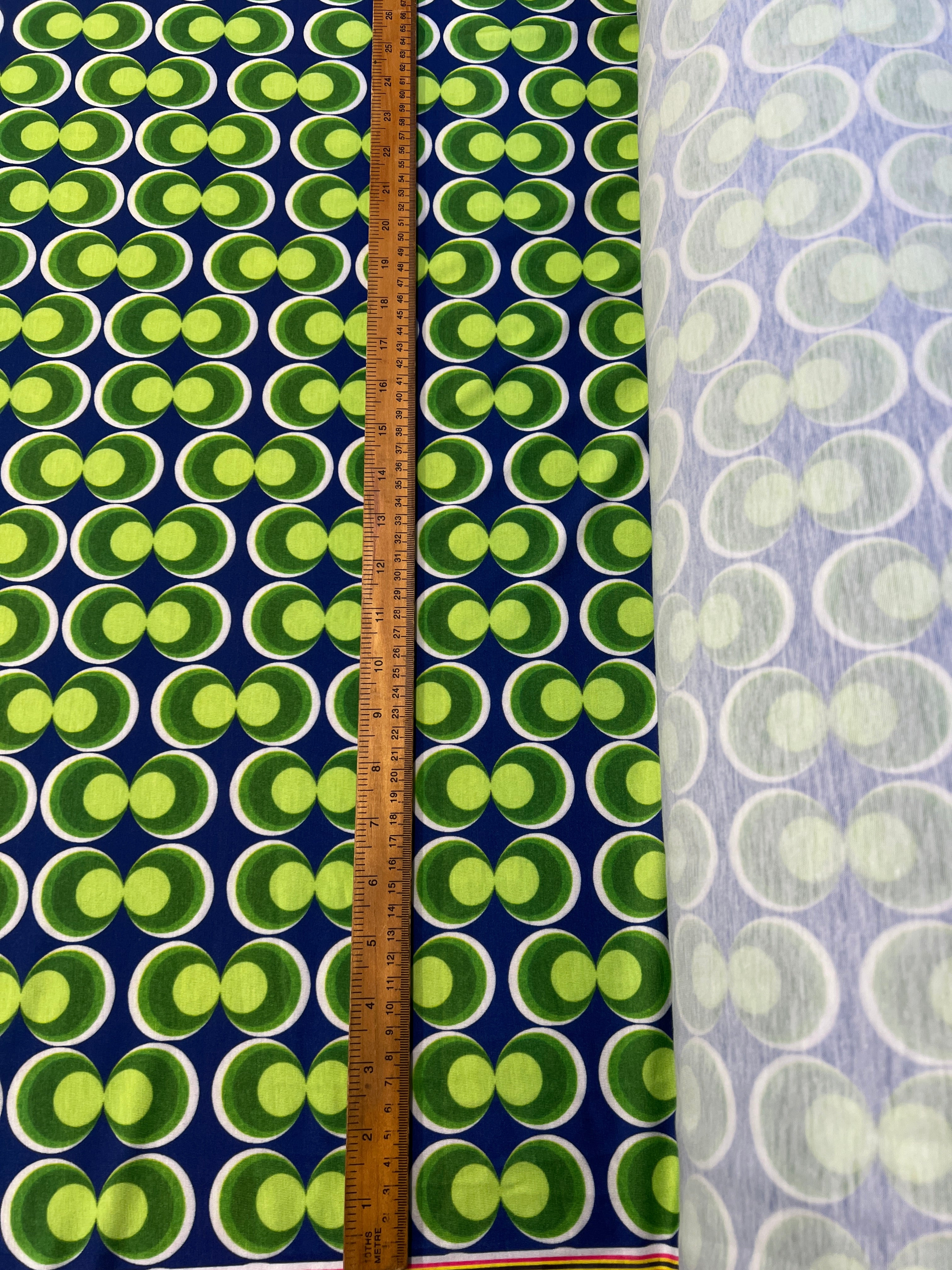 Blue & Green Retro Geometric Spun Polyester Fabric – Circle Print Dress Fabric, 153cm Wide