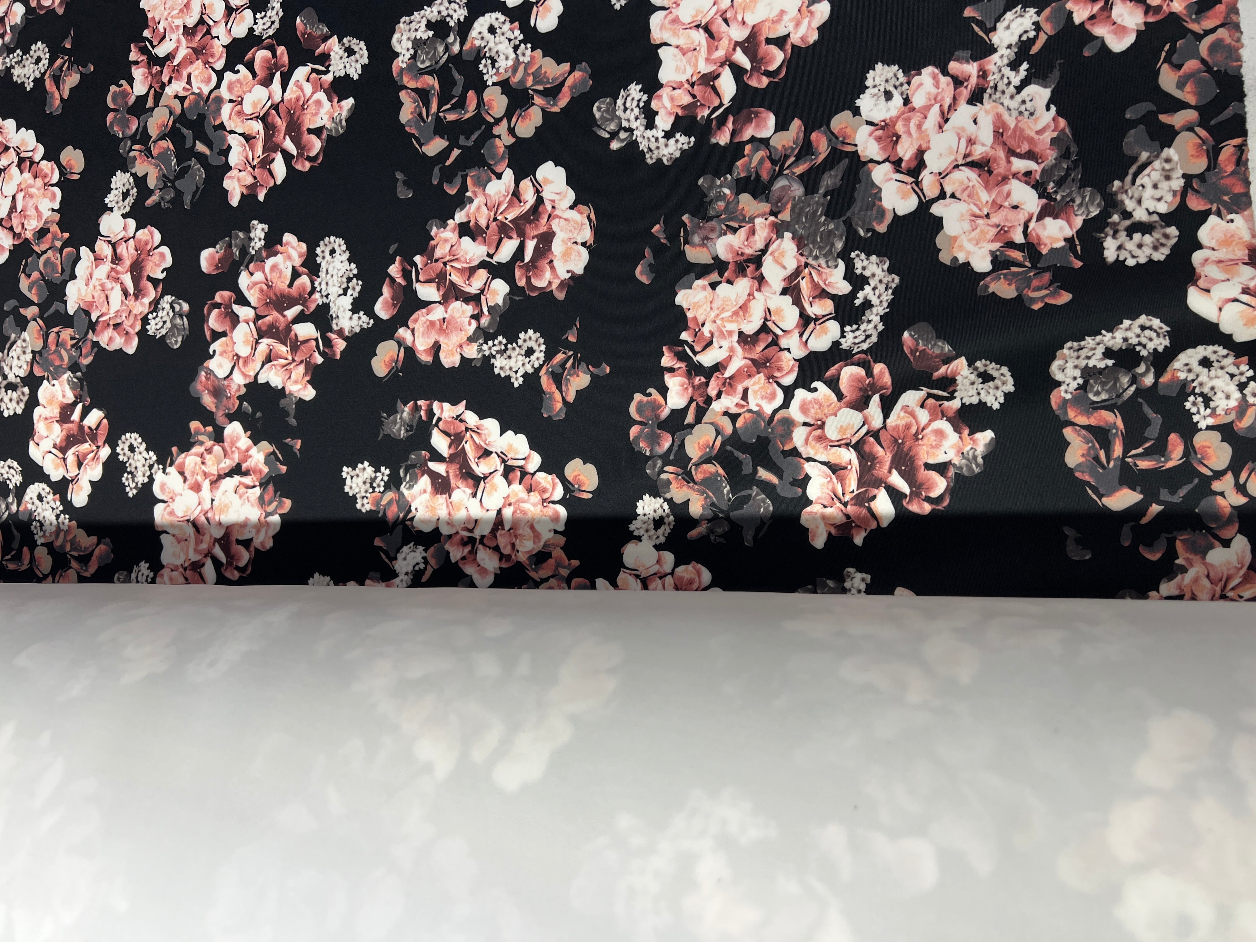 Blush Hydrangea Floral Scuba Fabric – Black, Pink & Ivory