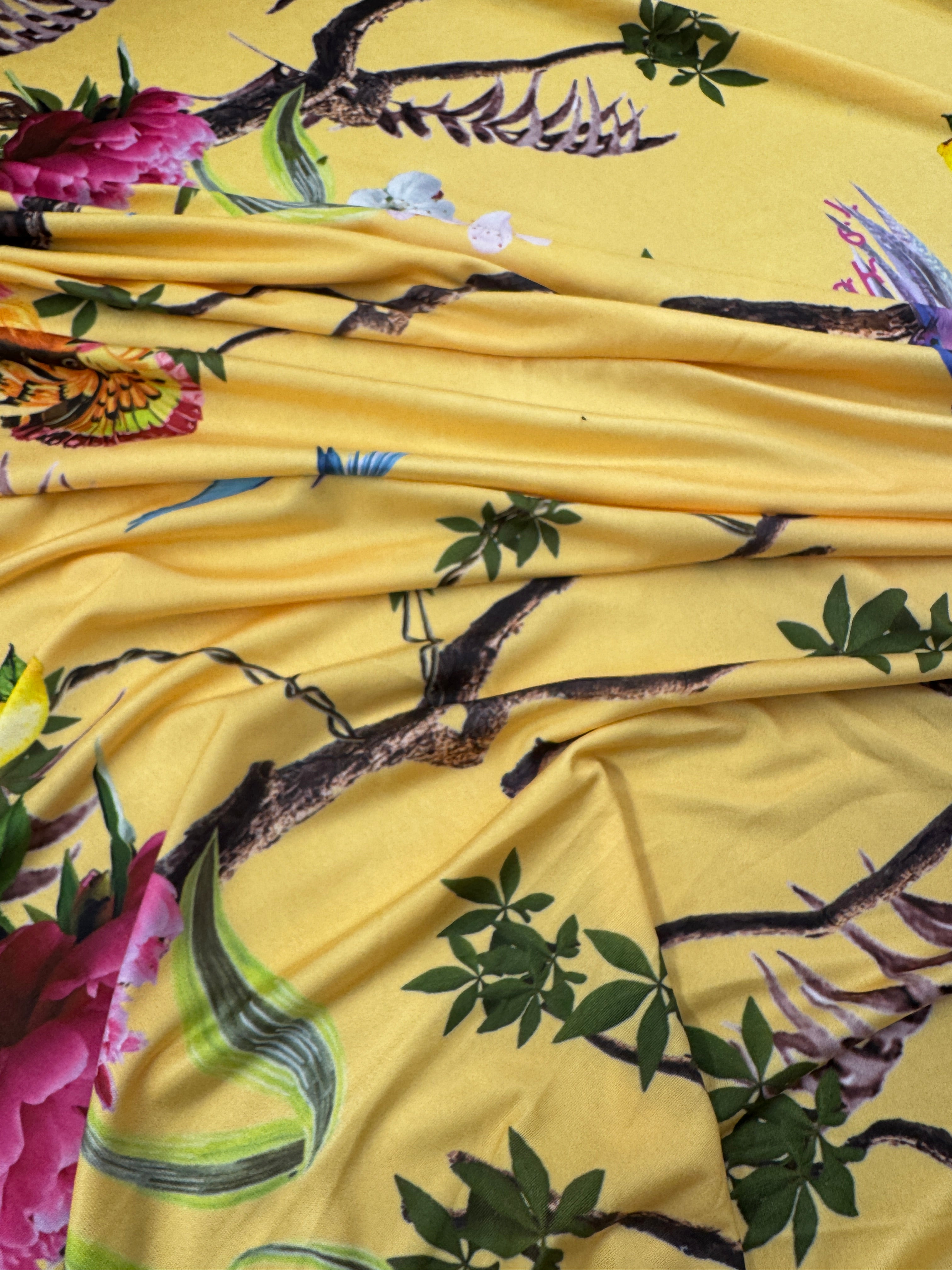 Yellow Bird & Blossom Slinky Fabric – Soft Touch Stretch Jersey, 147cm Wide