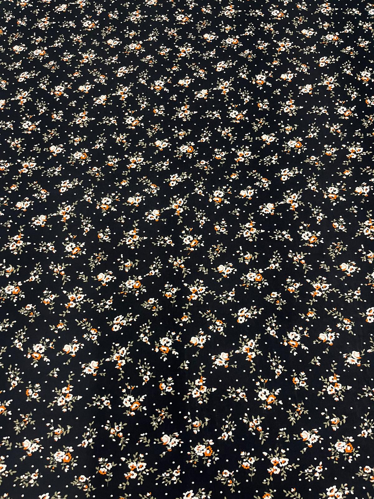 Black Ditsy Floral & Spot Viscose Elastane Jersey Fabric – White & Ochre Flowers