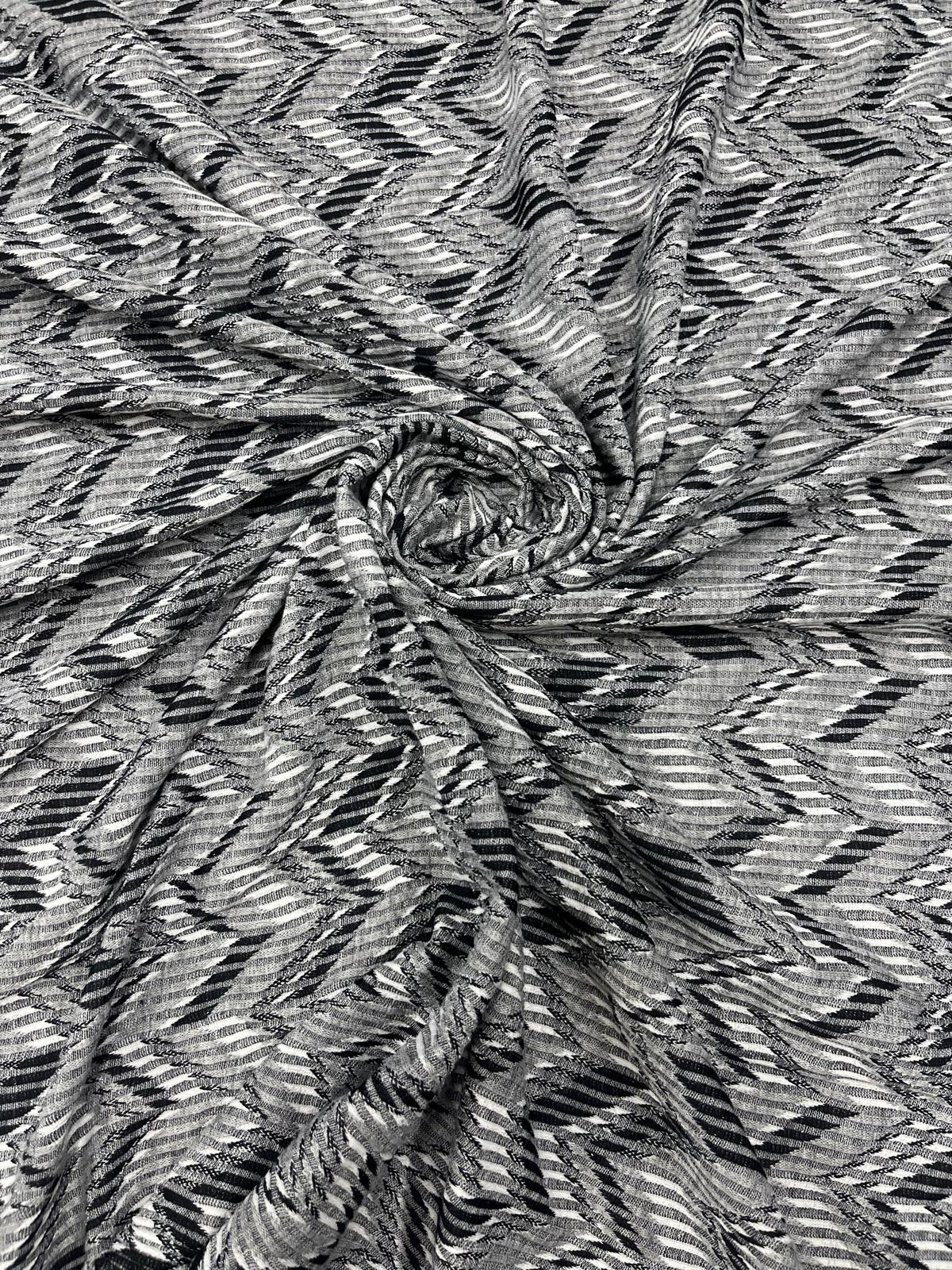 Structured Stretch Fabric for Dresses & Jackets – Black Grey Chevron Jacquard, 140cm Wide