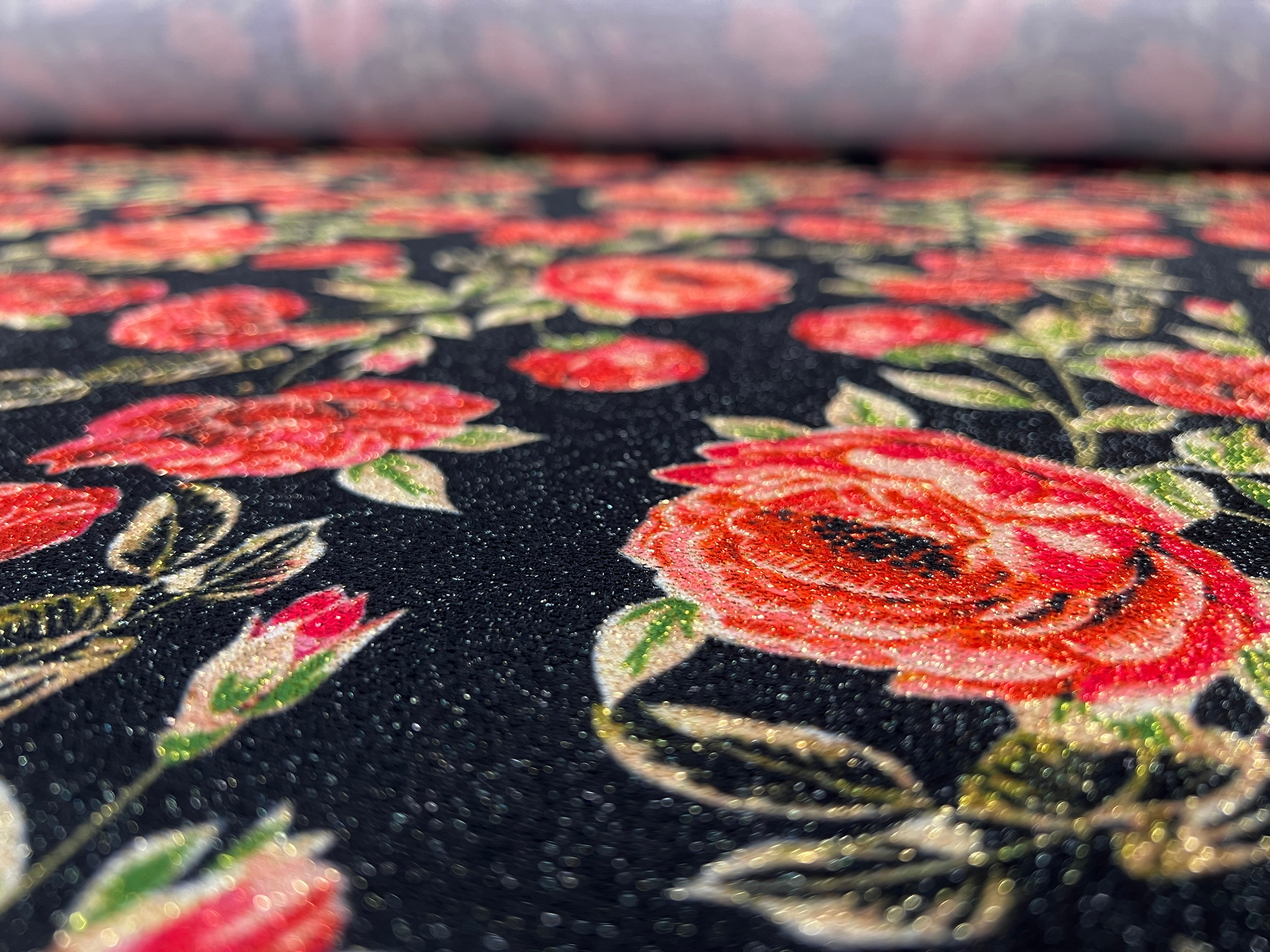 Valentino Crepe Glitter Fabric – Red Rose Floral