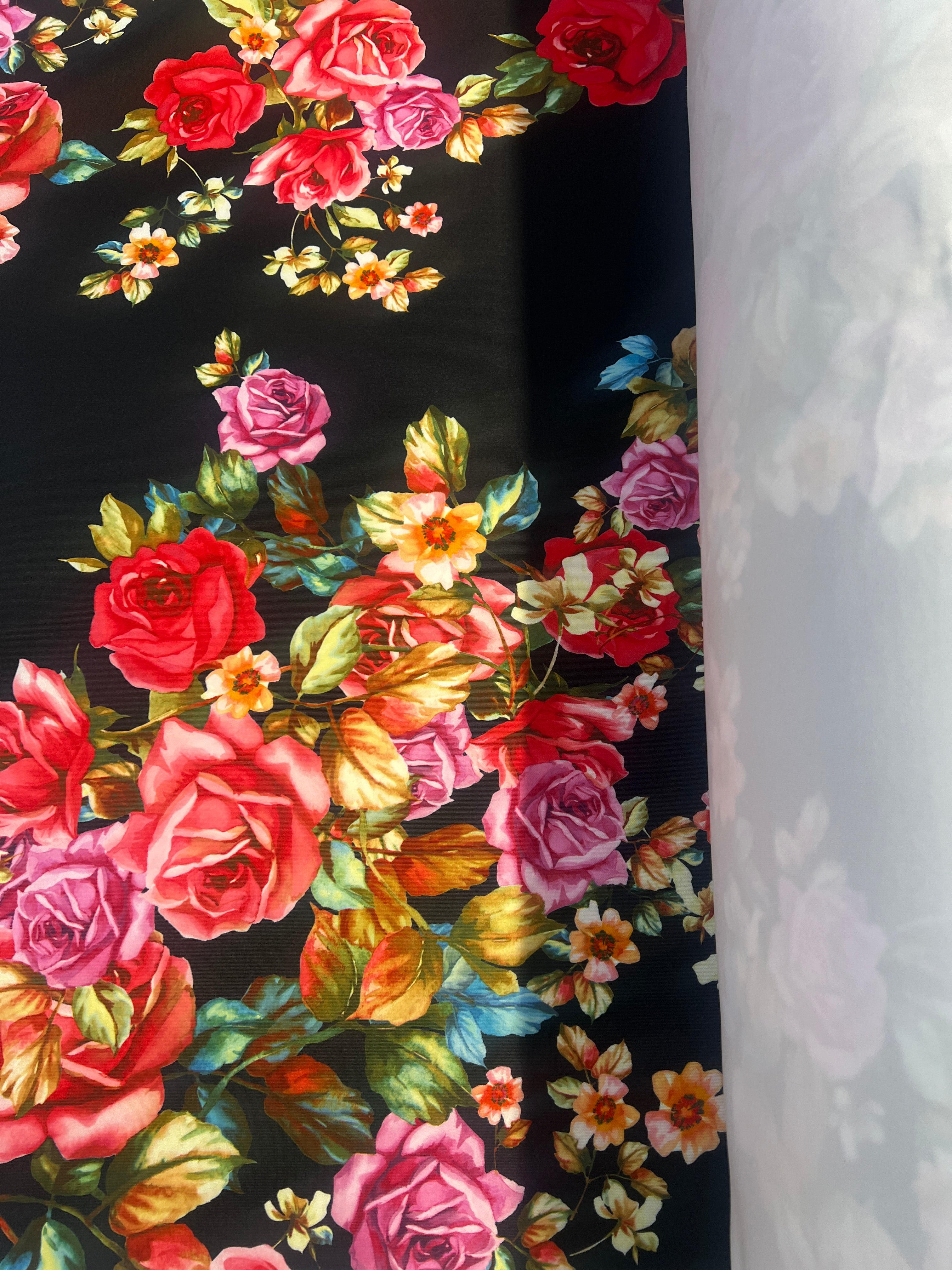 Black Multi Floral Scuba Fabric – Rose Print Stretch Scuba, 155cm Wide Dress Fabric
