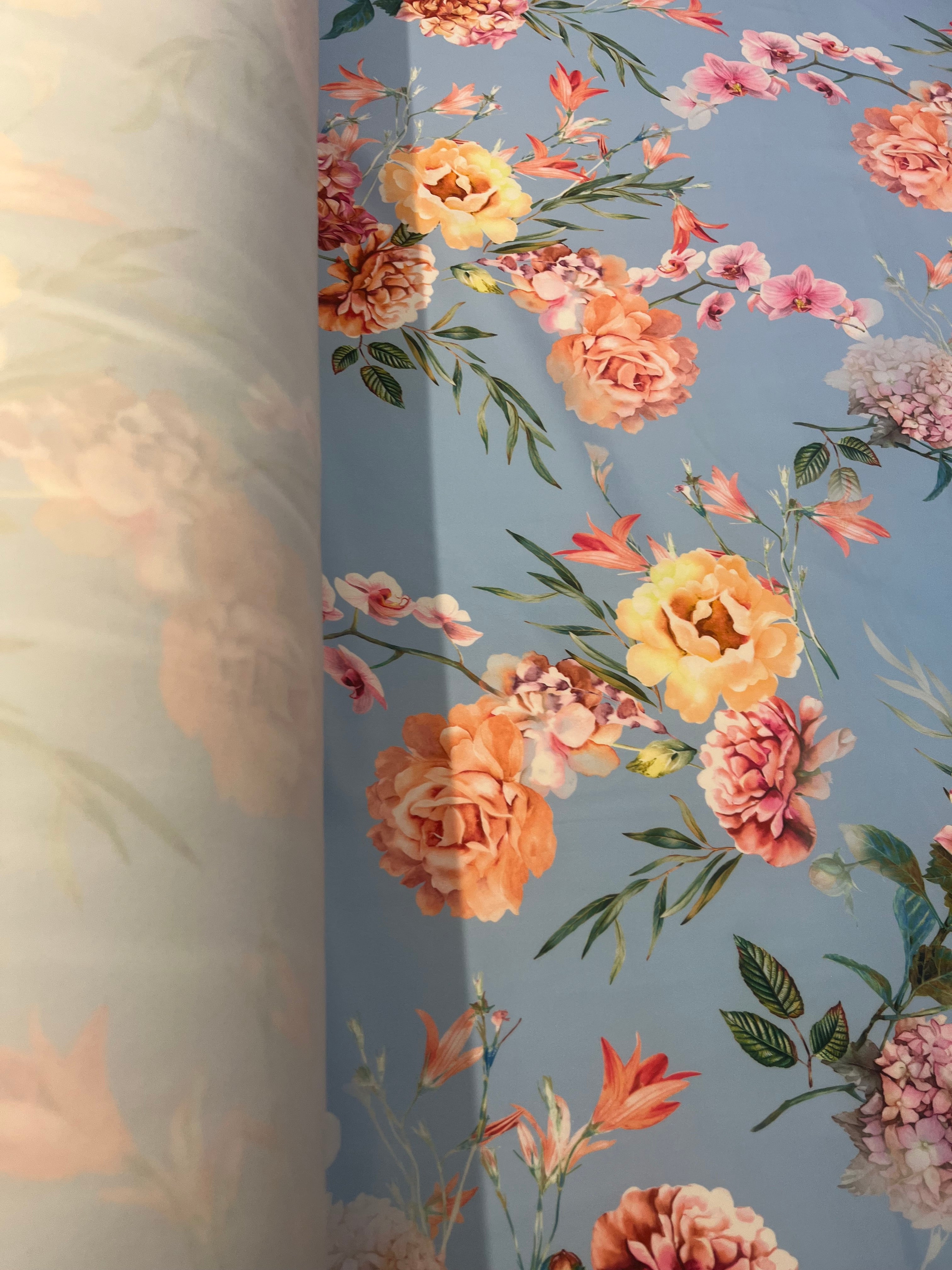 Powder Blue & Peach Garden Rose Floral Scuba Fabric – peach garden roses, yellow peonies and pink orchids on a powder blue ground