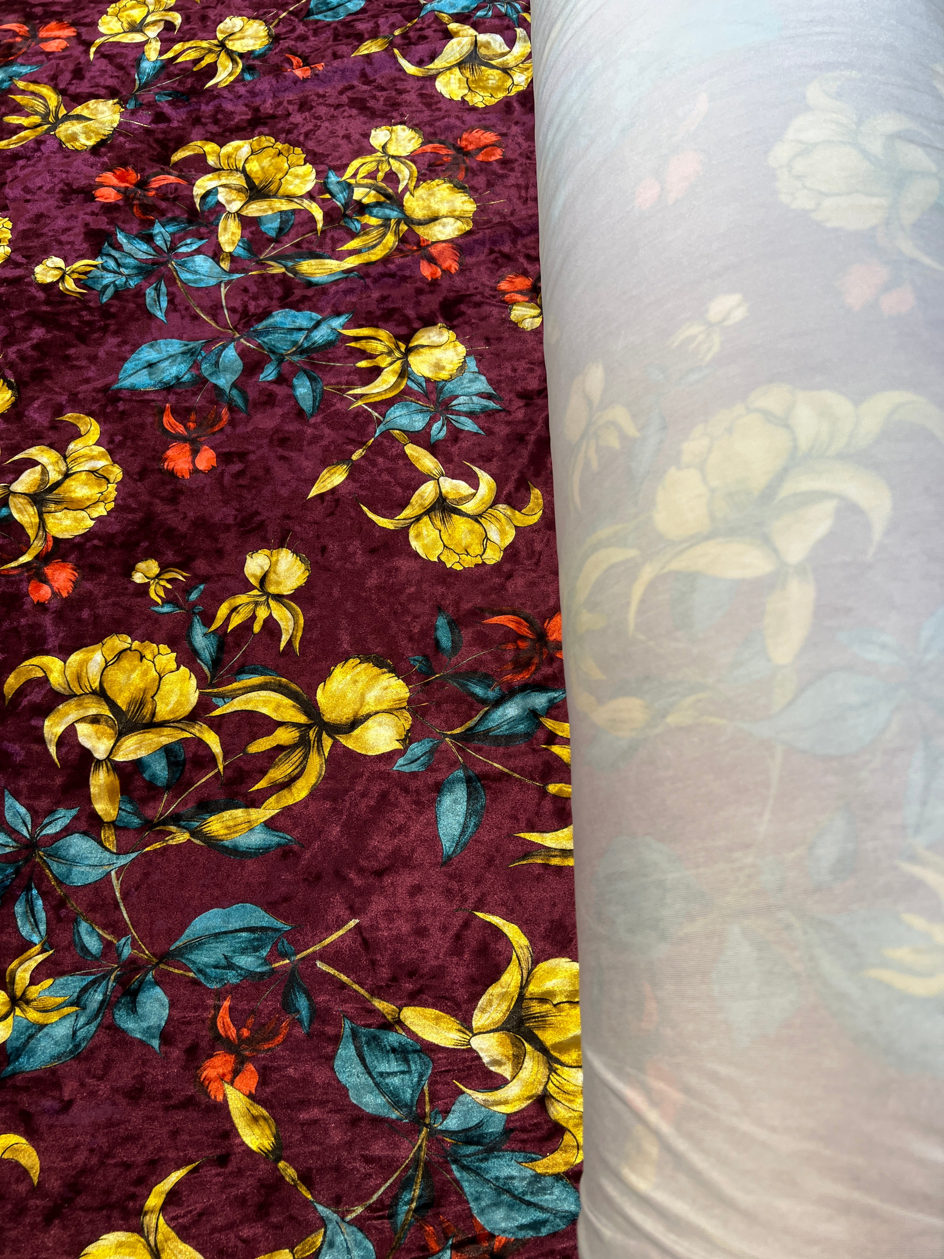 Golden Iris Floral Velvet Fabric – Burgundy, Teal & Gold