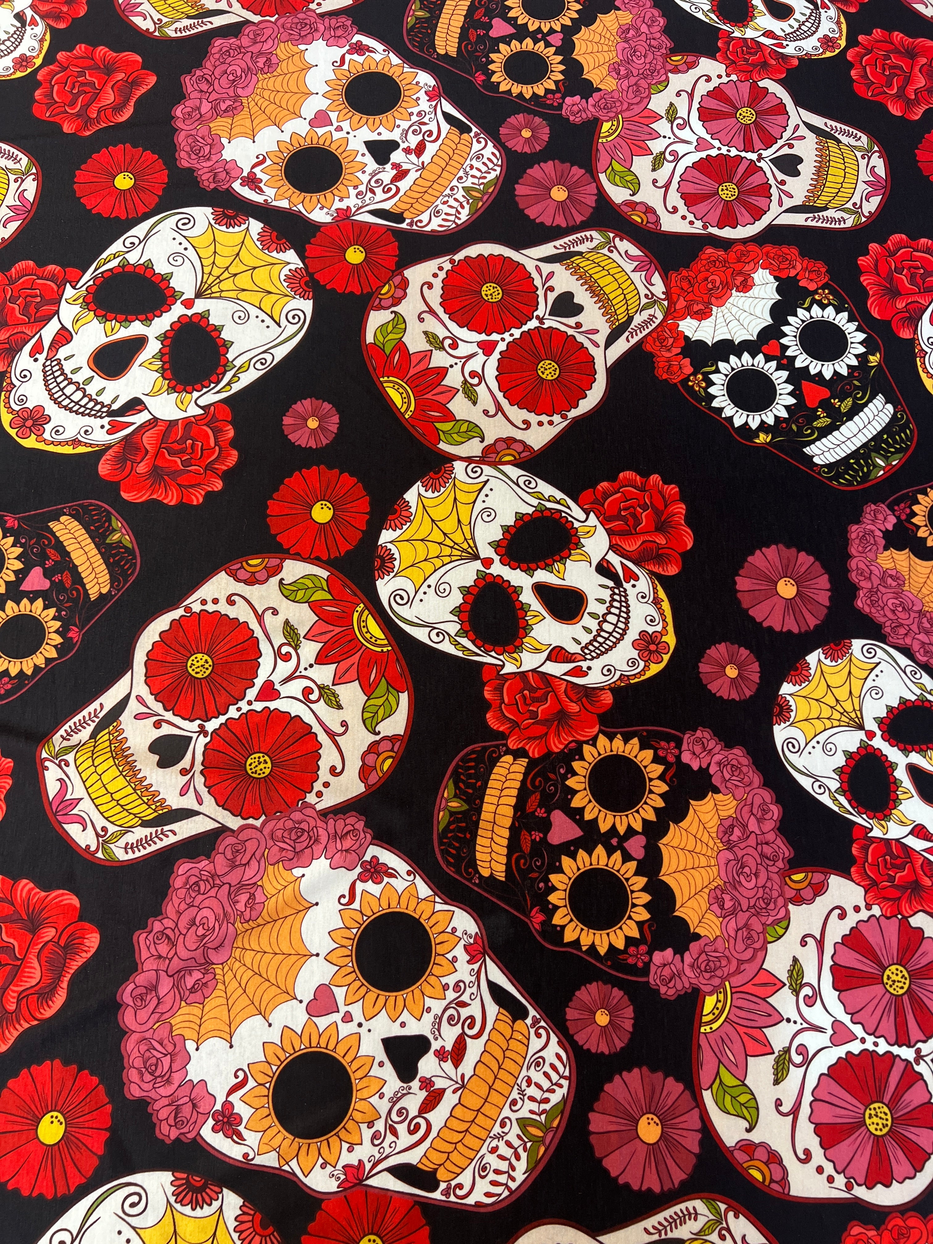 Sugar Skull Black Floral Halloween Dressmaking Fabric