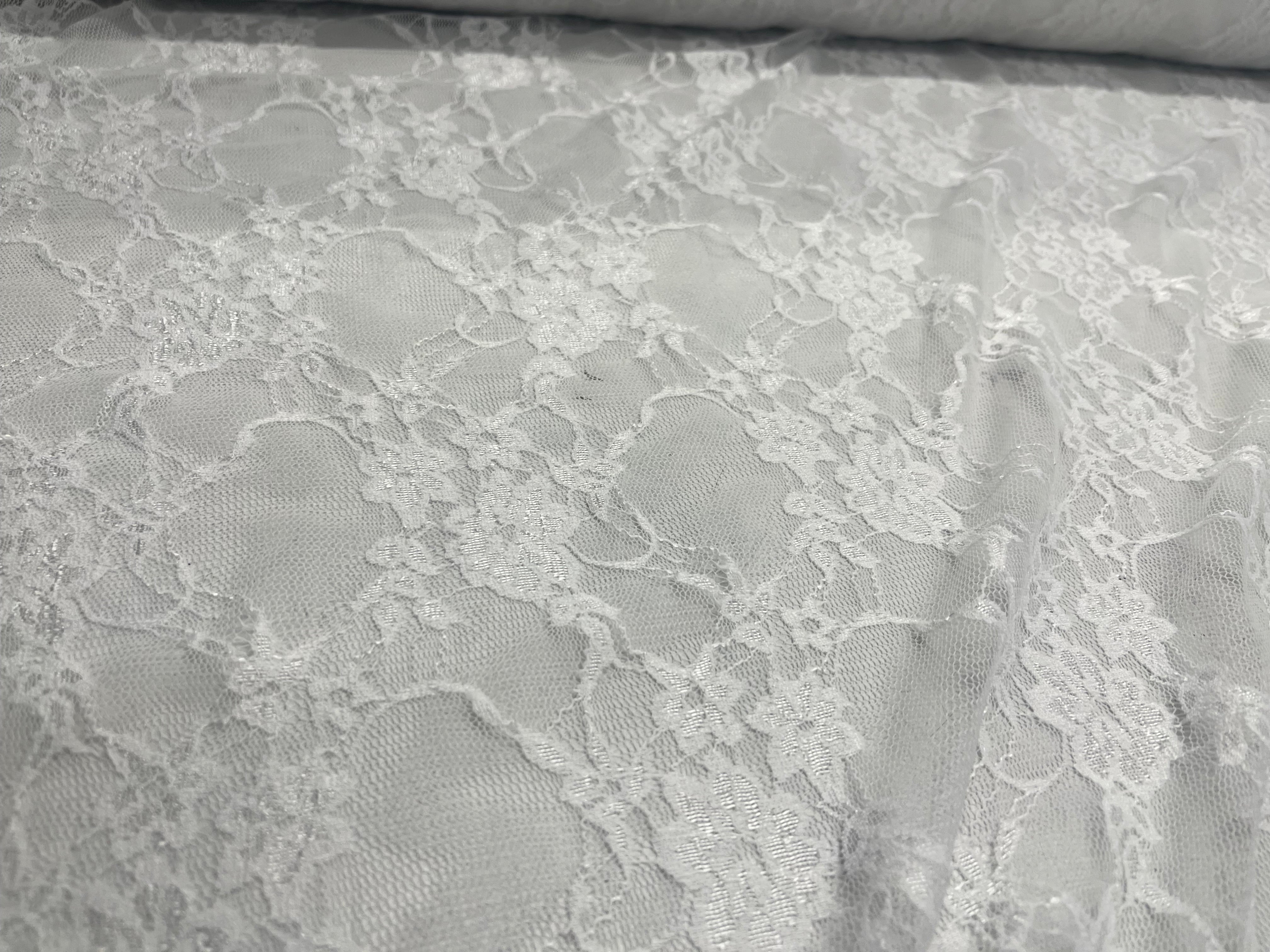 Ice White Floral Trellis Stretch Lace Fabric – dainty flower sprigs in a scalloped trellis over fine ice white net