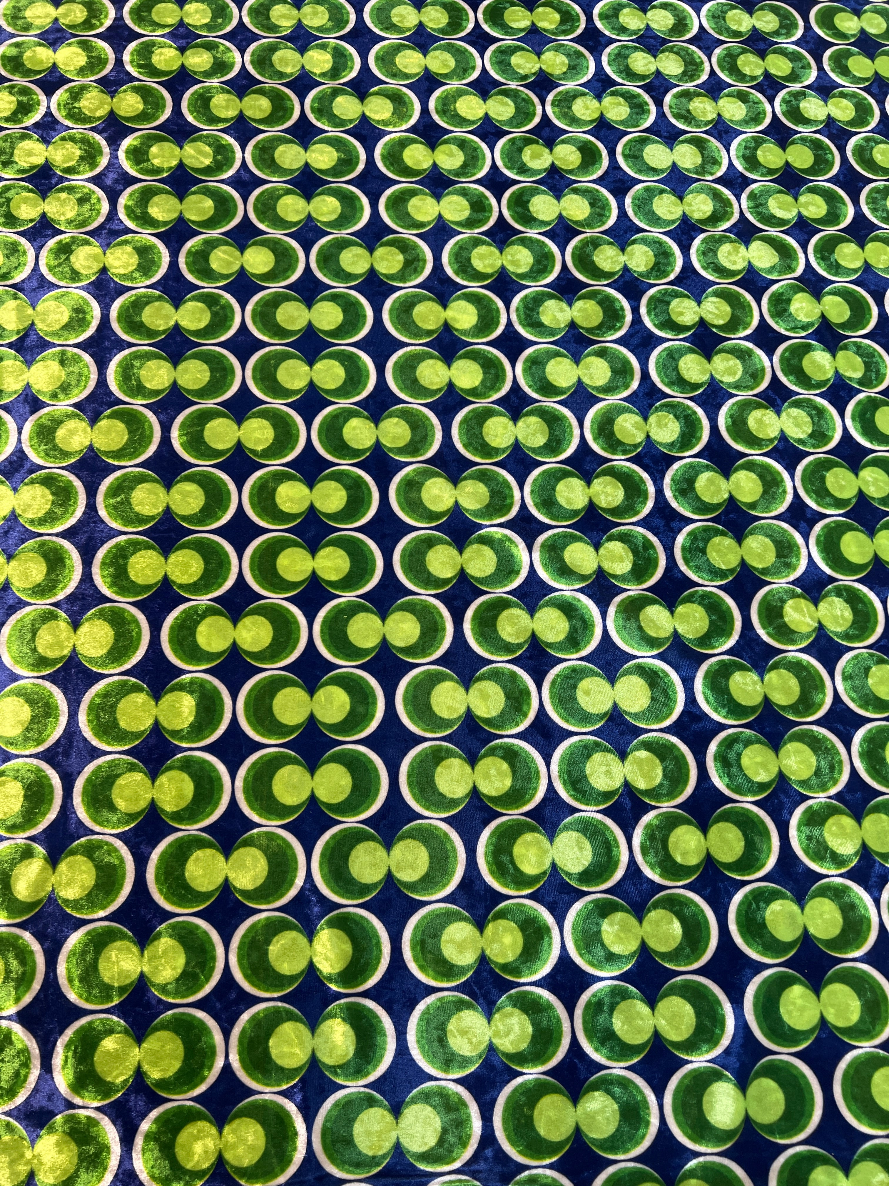Blue & Green Retro Geometric Velvet Fabric – Circle Print Stretch Velvet, 148cm Wide