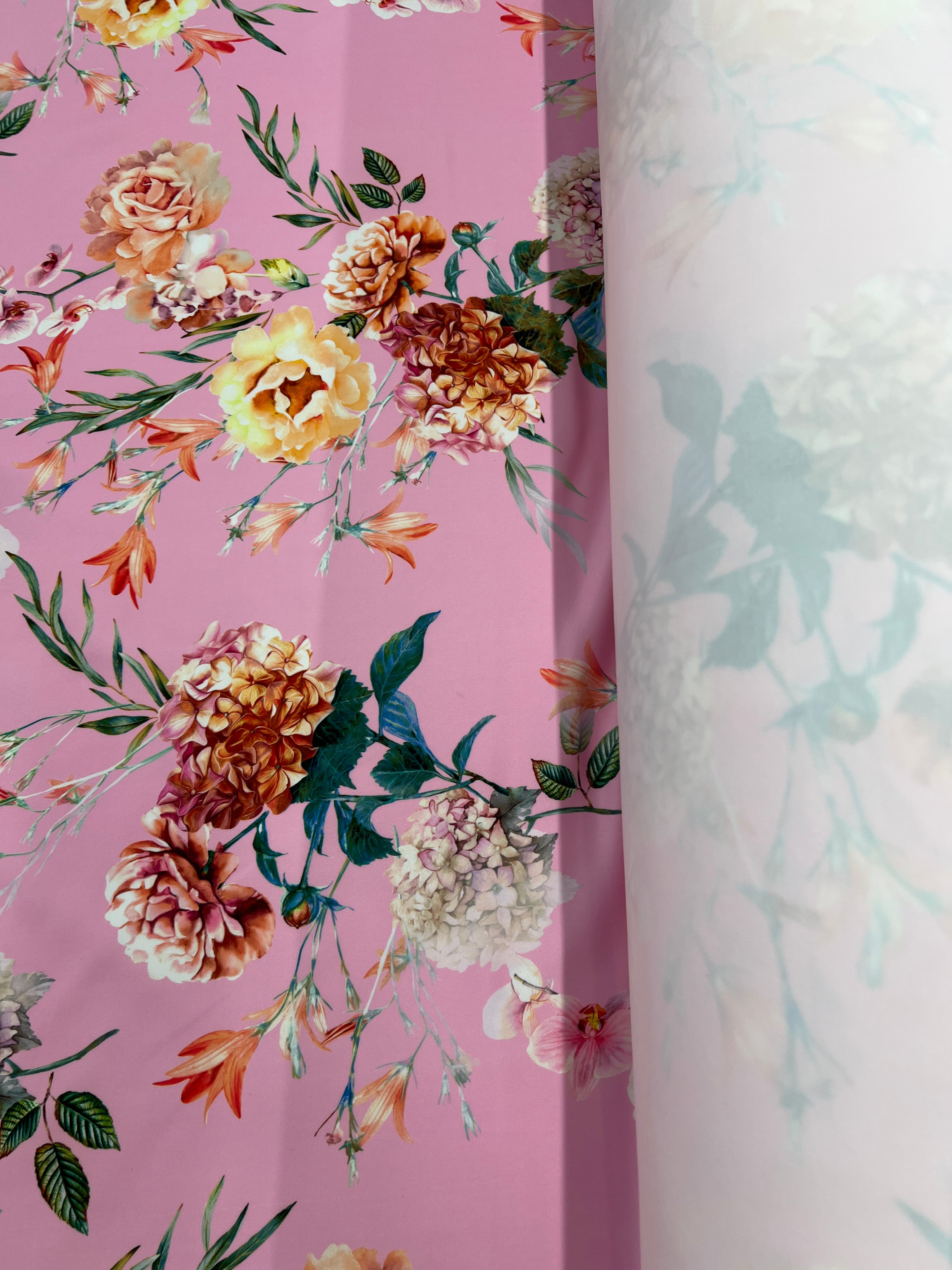 Pink Floral Scuba Fabric – Large Rose  Hydrangea Print