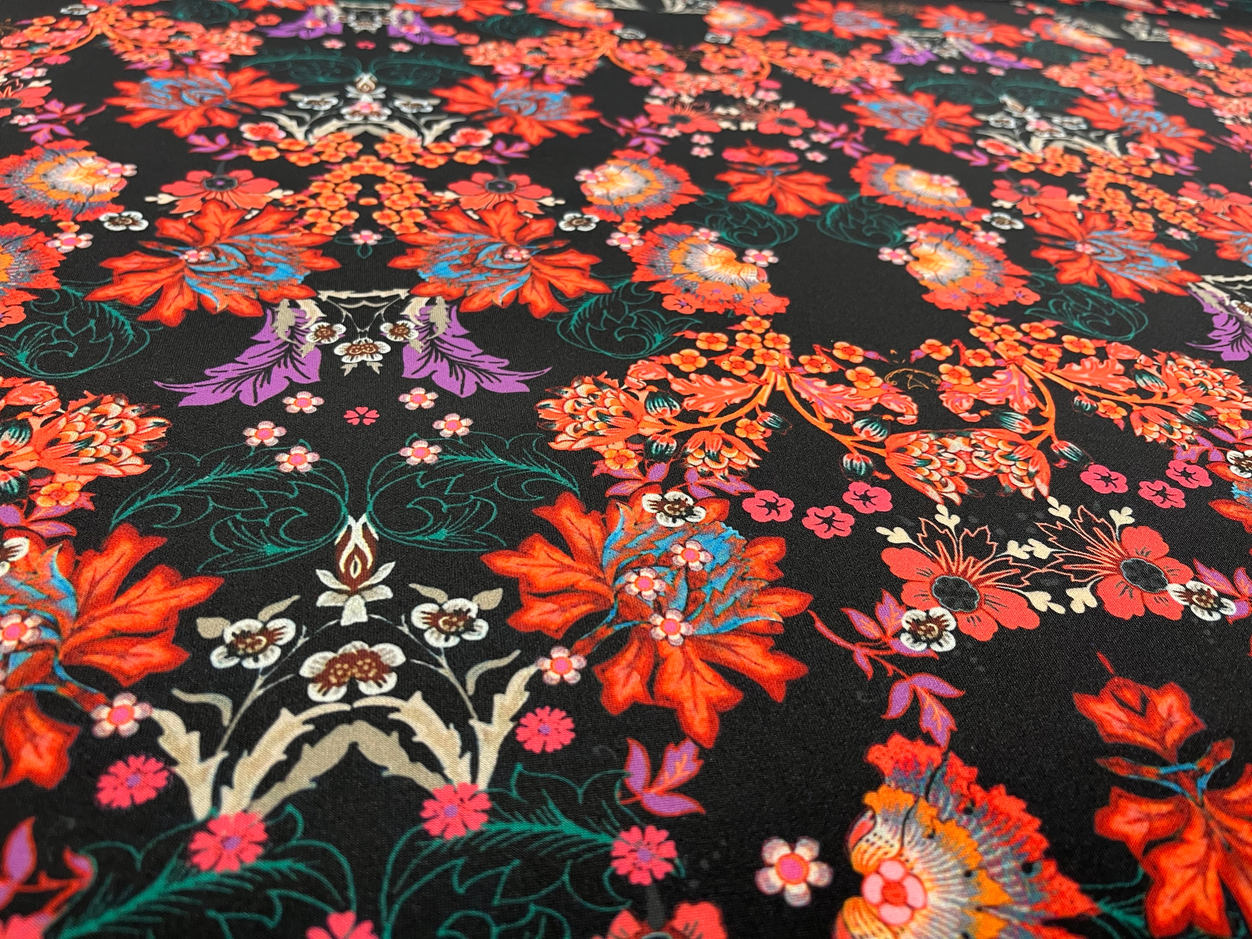 Black Floral Scuba Fabric – Red & Multicolor Floral Stretch Scuba Material for Dresses & Statement Apparel 130cm