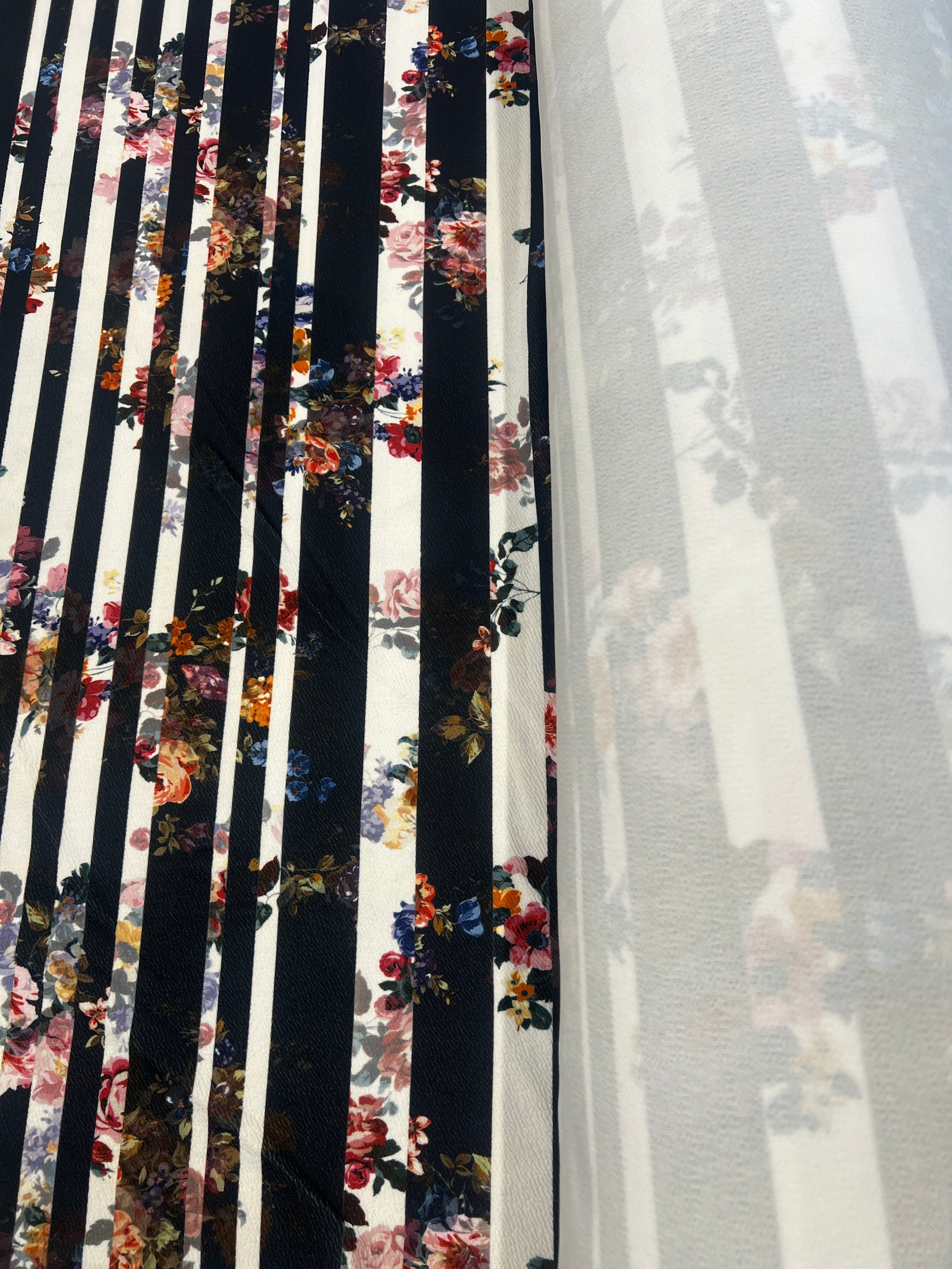 Black & White Floral Stripe Liverpool Fabric