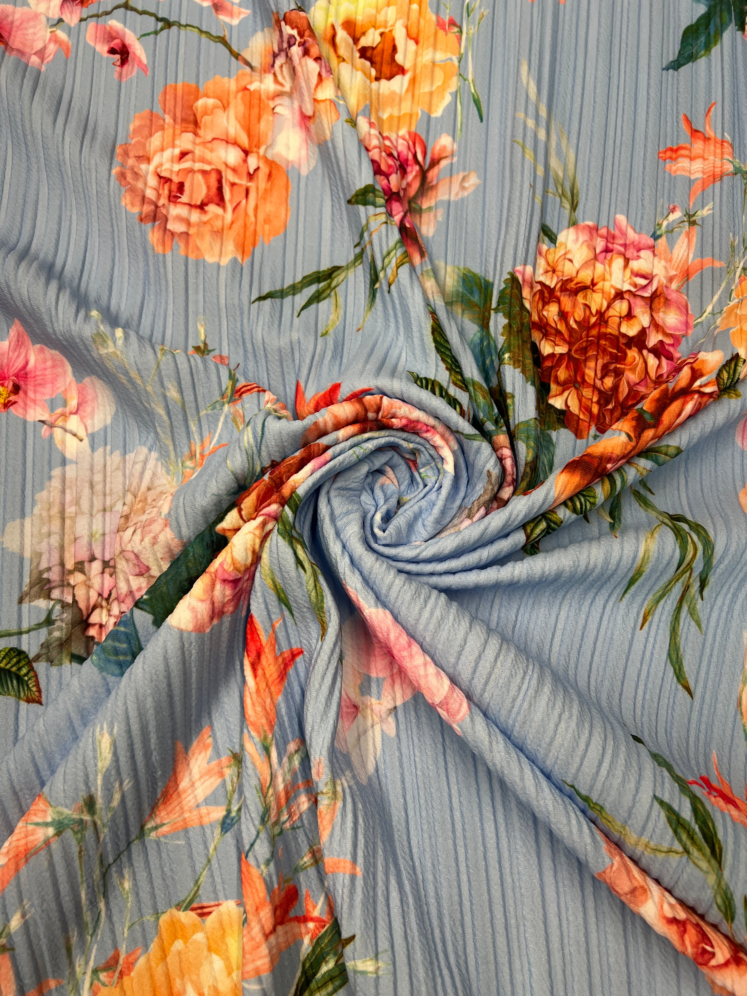 Powder Blue & Peach Garden Rose Floral Plissé Fabric – peach garden roses and yellow peonies on powder blue pleated fabric