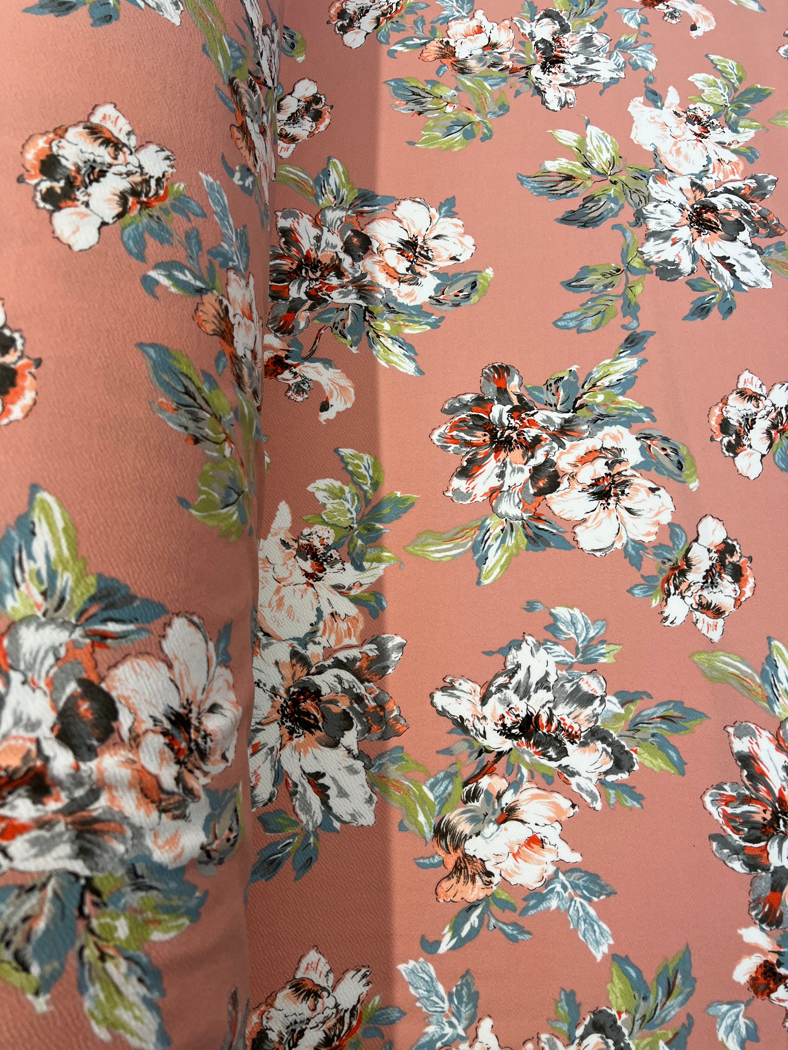 Dusty Rose & Ivory Painterly Floral Liverpool Knit Fabric – ivory and charcoal painterly flowers with sage leaves on a dusty rose ground