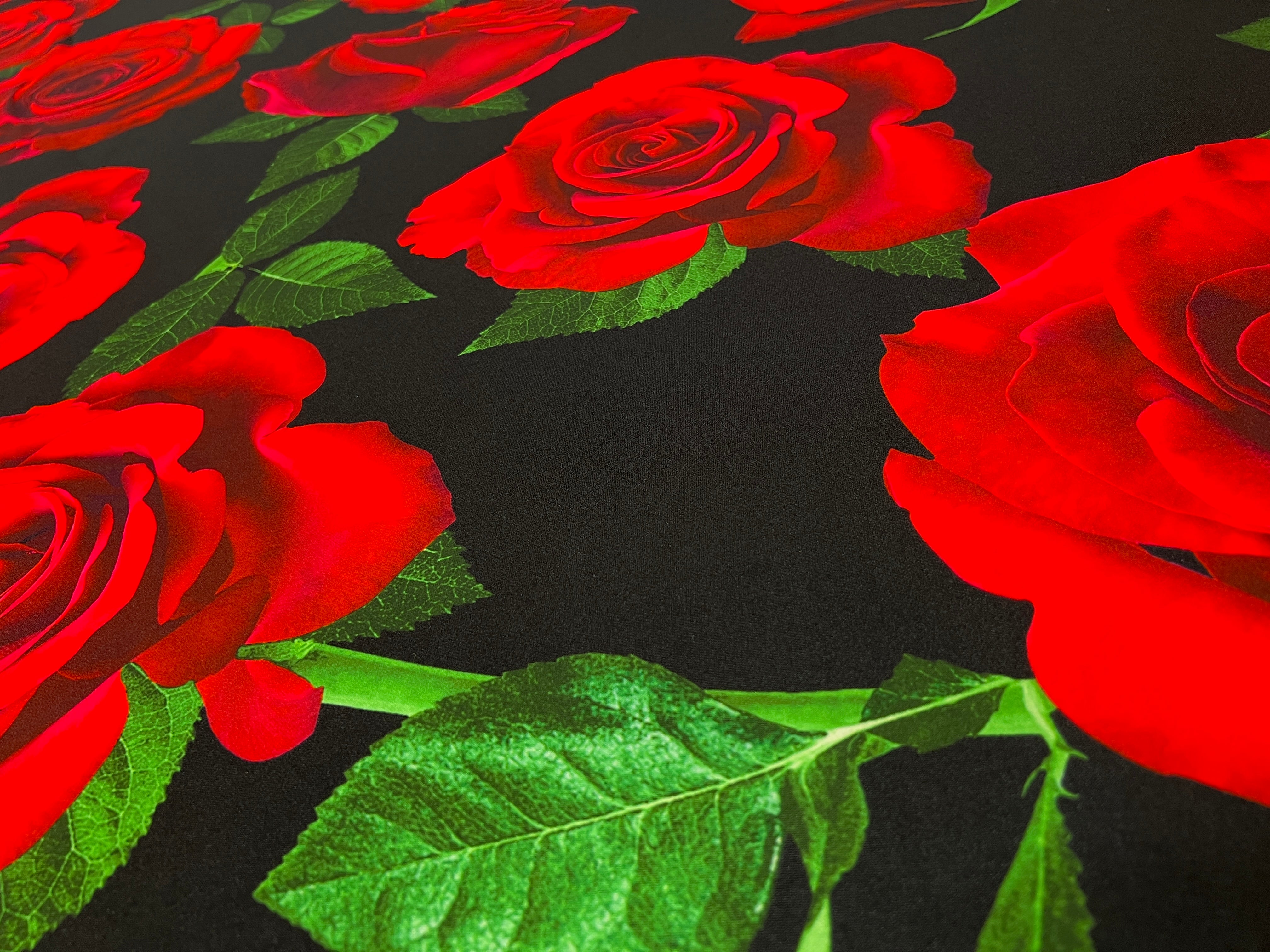 Scarlet Red Rose Floral Scuba Crepe Fabric – Black & Green