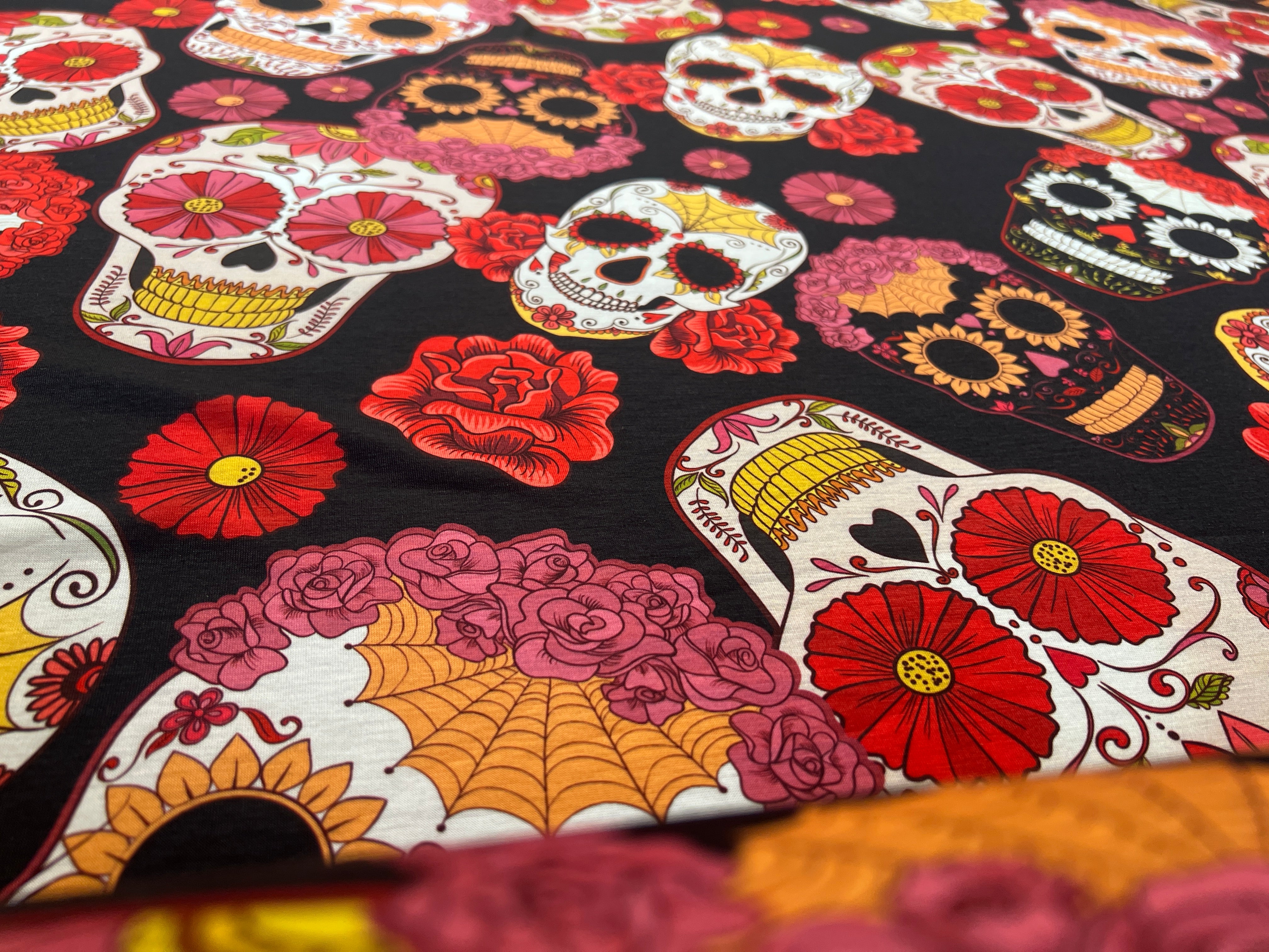 Sugar Skull Black Floral Halloween Dressmaking Fabric