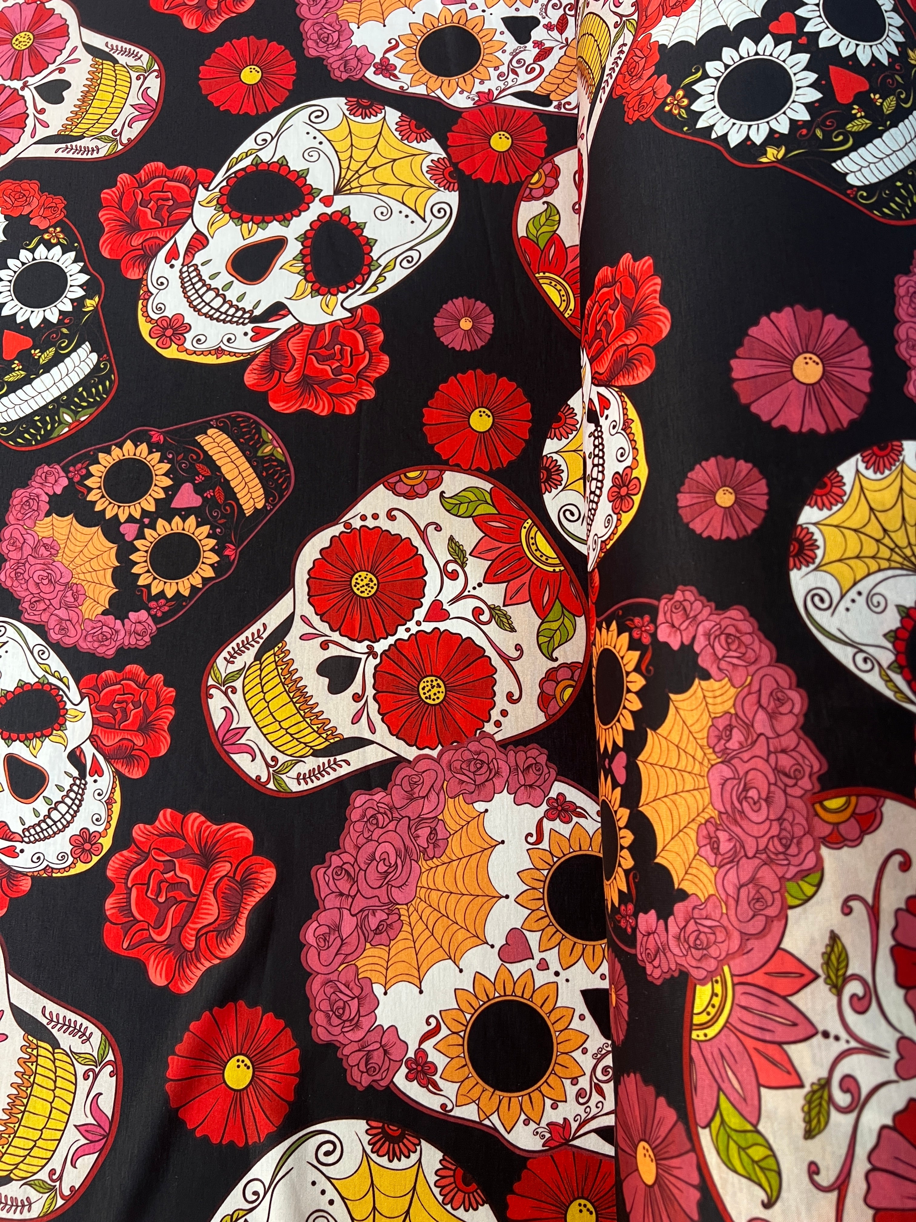 Sugar Skull Black Floral Halloween Dressmaking Fabric