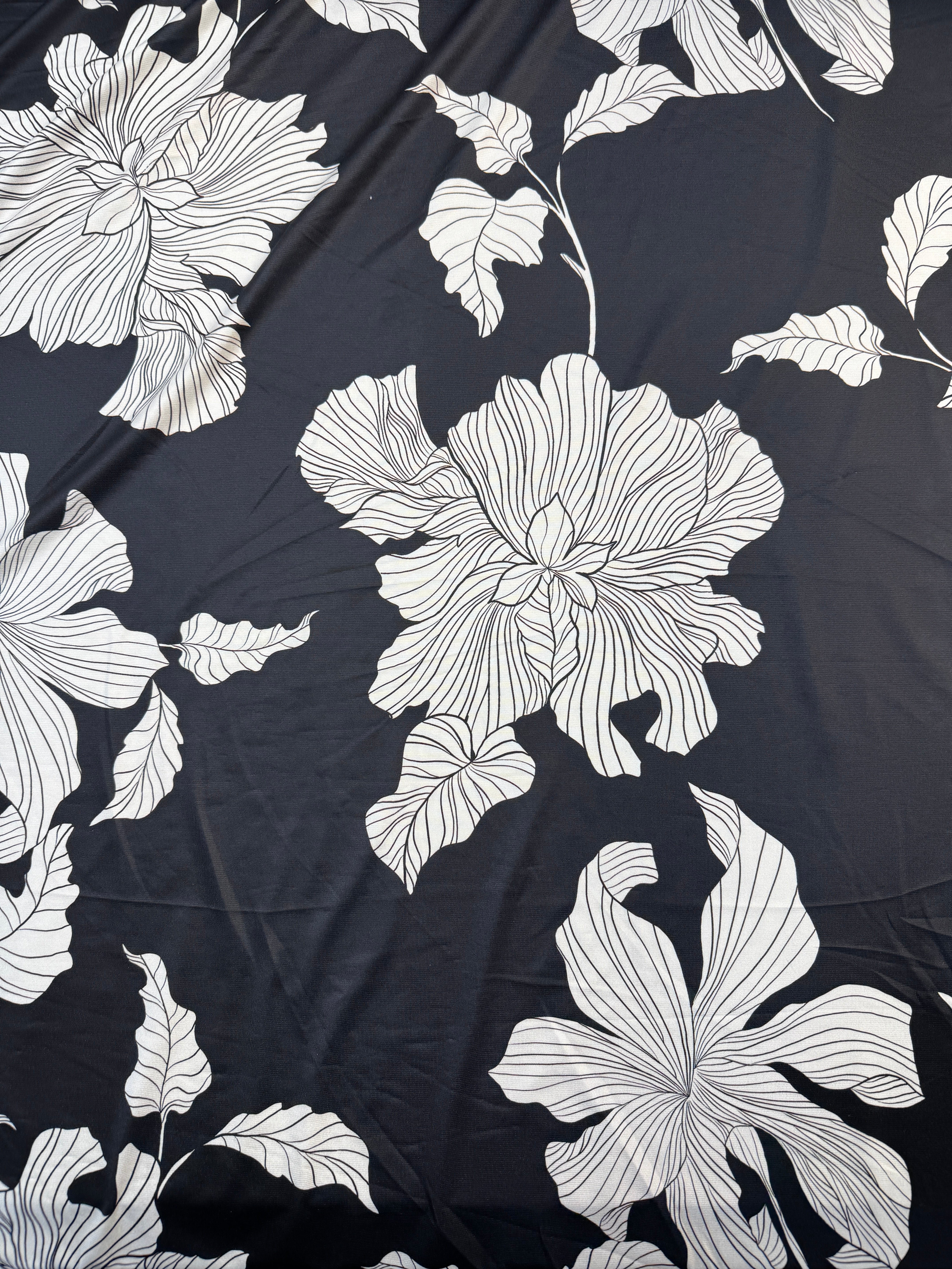 Black & White Floral Slinky Fabric – Soft Touch Stretch Jersey, 149cm Wide