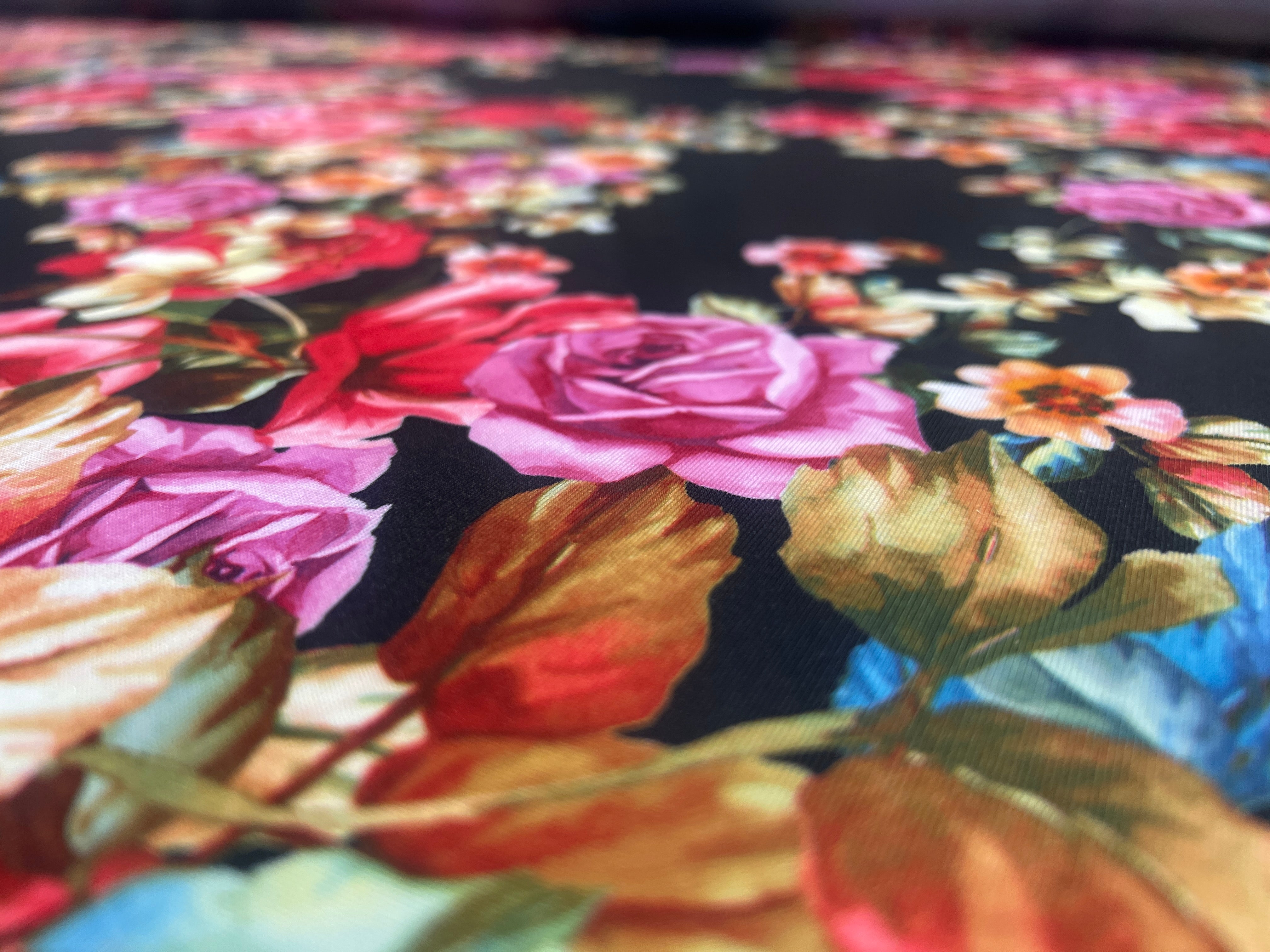 Black Multi Floral Scuba Fabric – Rose Print Stretch Scuba, 155cm Wide Dress Fabric