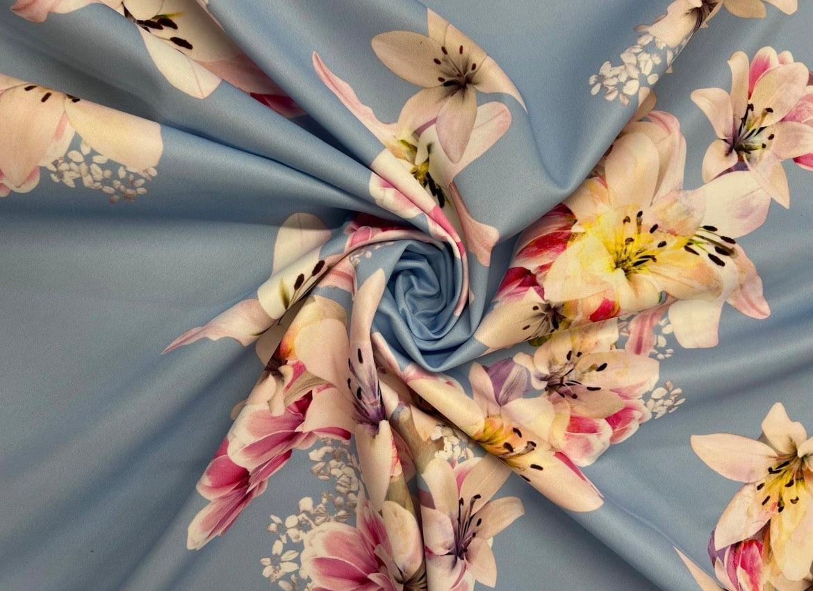 Powder Blue Lily Floral Scuba Crepe Fabric - Pink & Cream