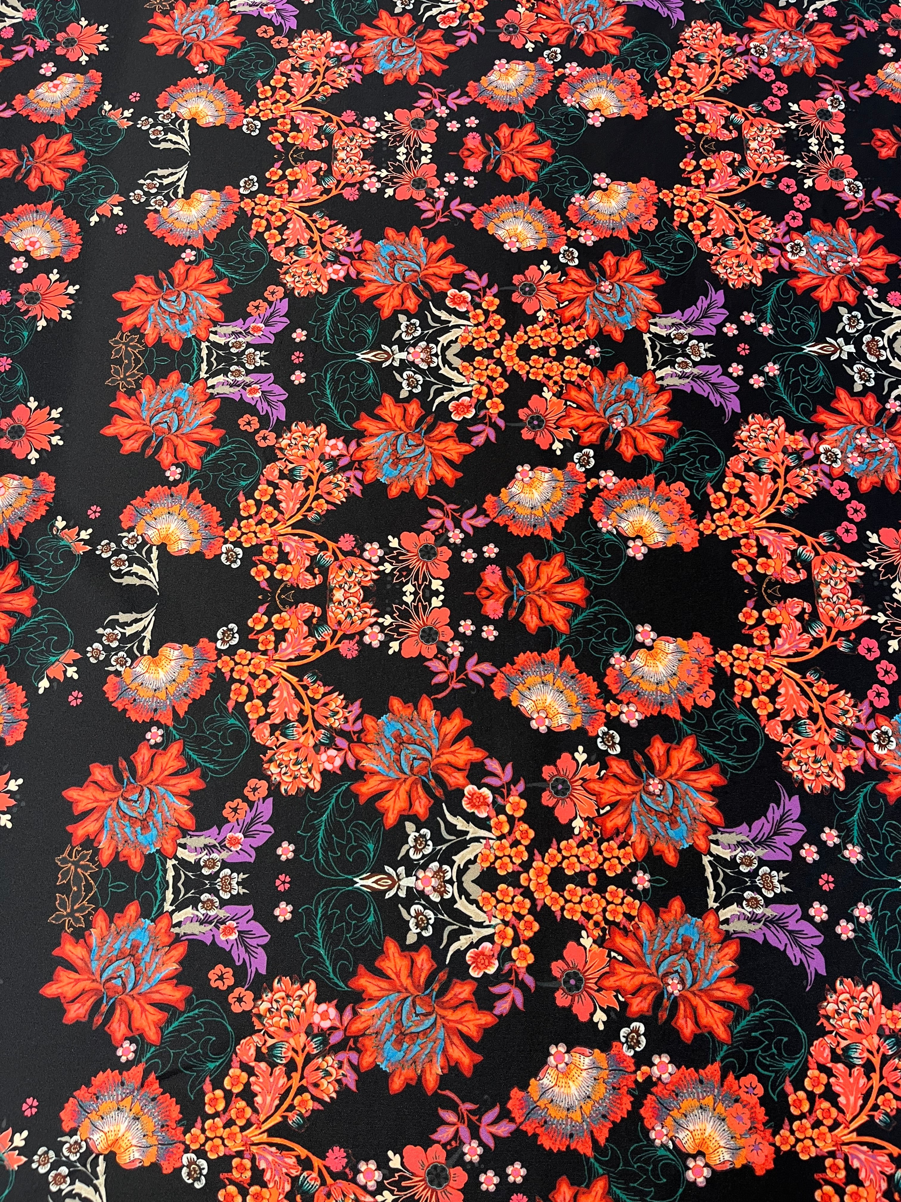 Black Floral Scuba Fabric – Red & Multicolor Floral Stretch Scuba Material for Dresses & Statement Apparel 130cm