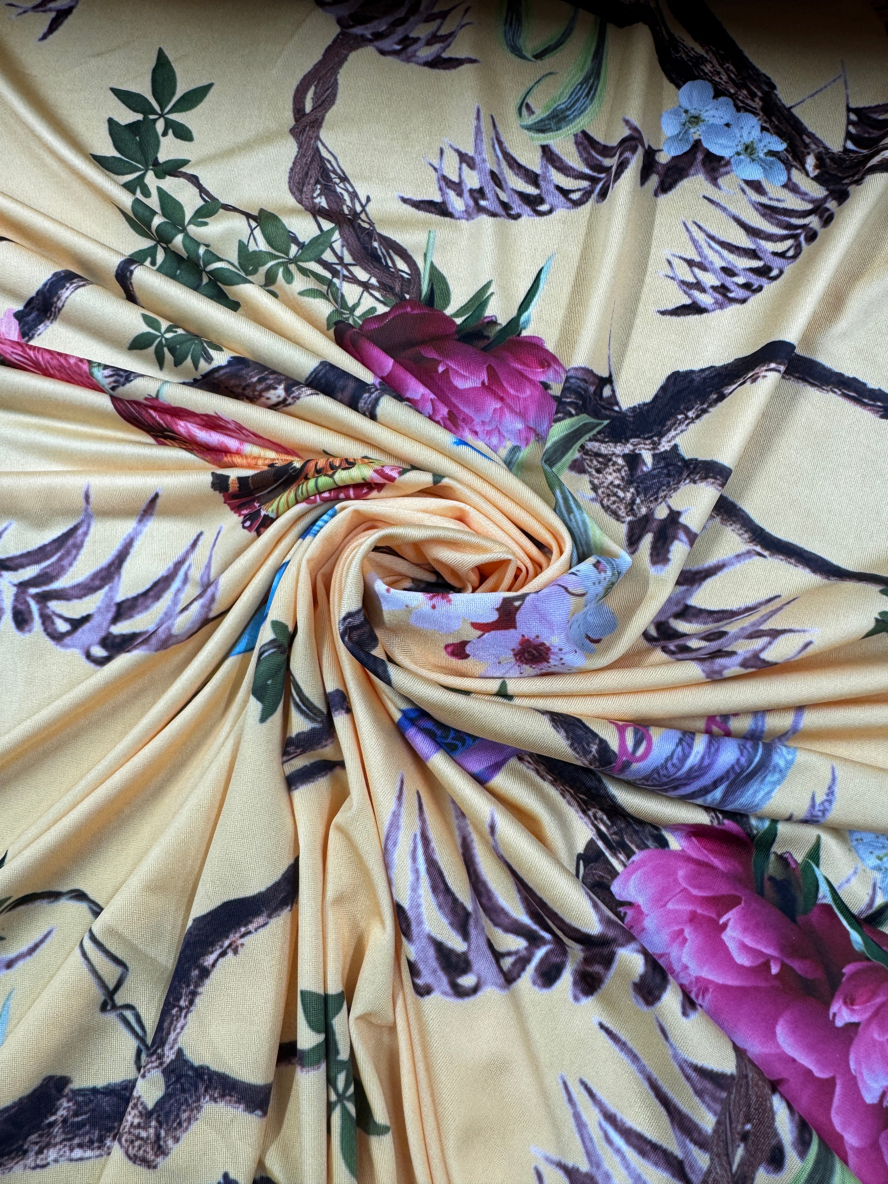 Yellow Bird & Blossom Slinky Fabric – Soft Touch Stretch Jersey, 147cm Wide