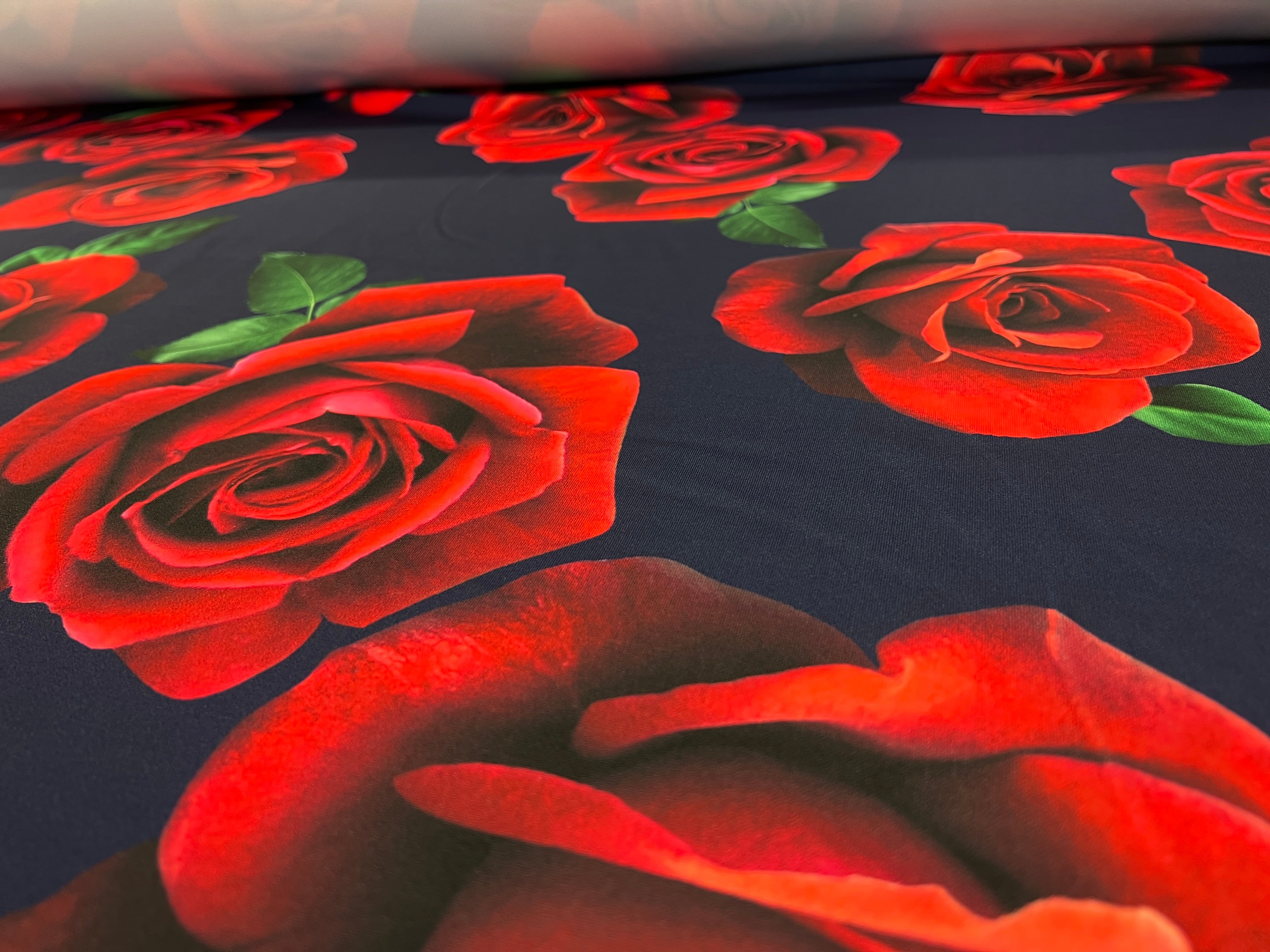 Vibrant Red Rose Floral Scuba Crepe Fabric