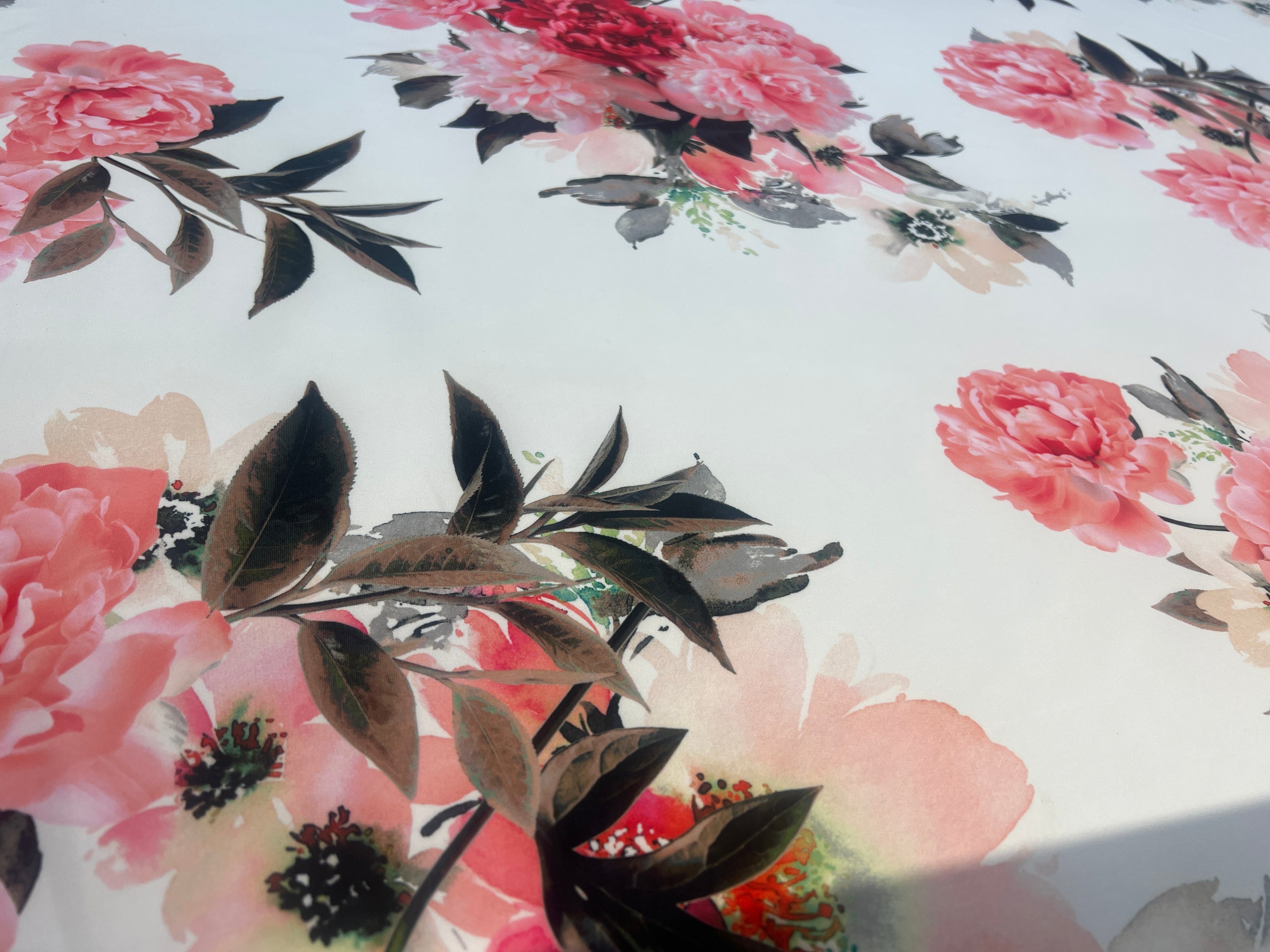 Ivory & Pink Floral Scuba Fabric – Peony Flower Print Stretch Scuba, 150cm Wide Dress Fabric
