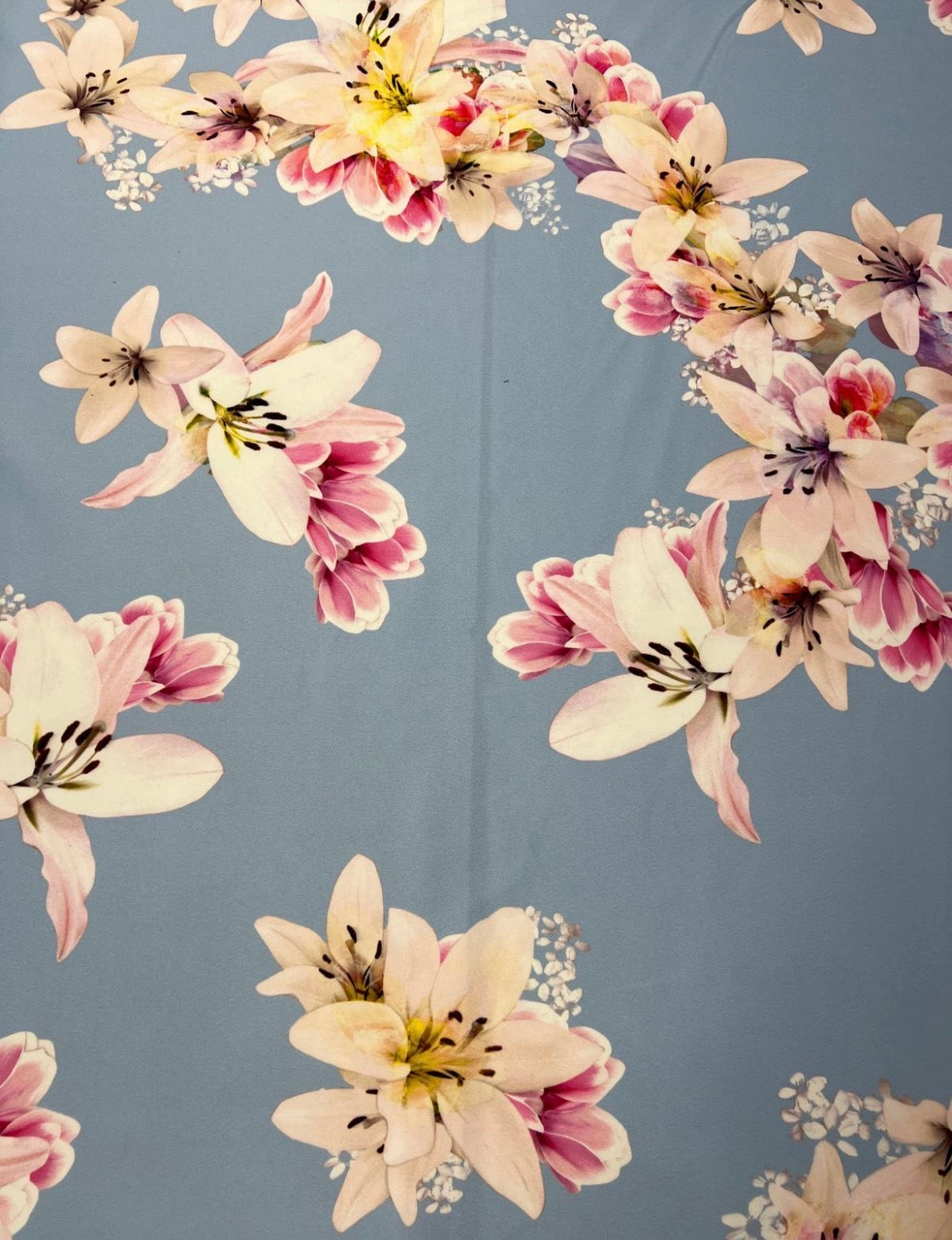 Powder Blue Lily Floral Scuba Crepe Fabric - Pink & Cream