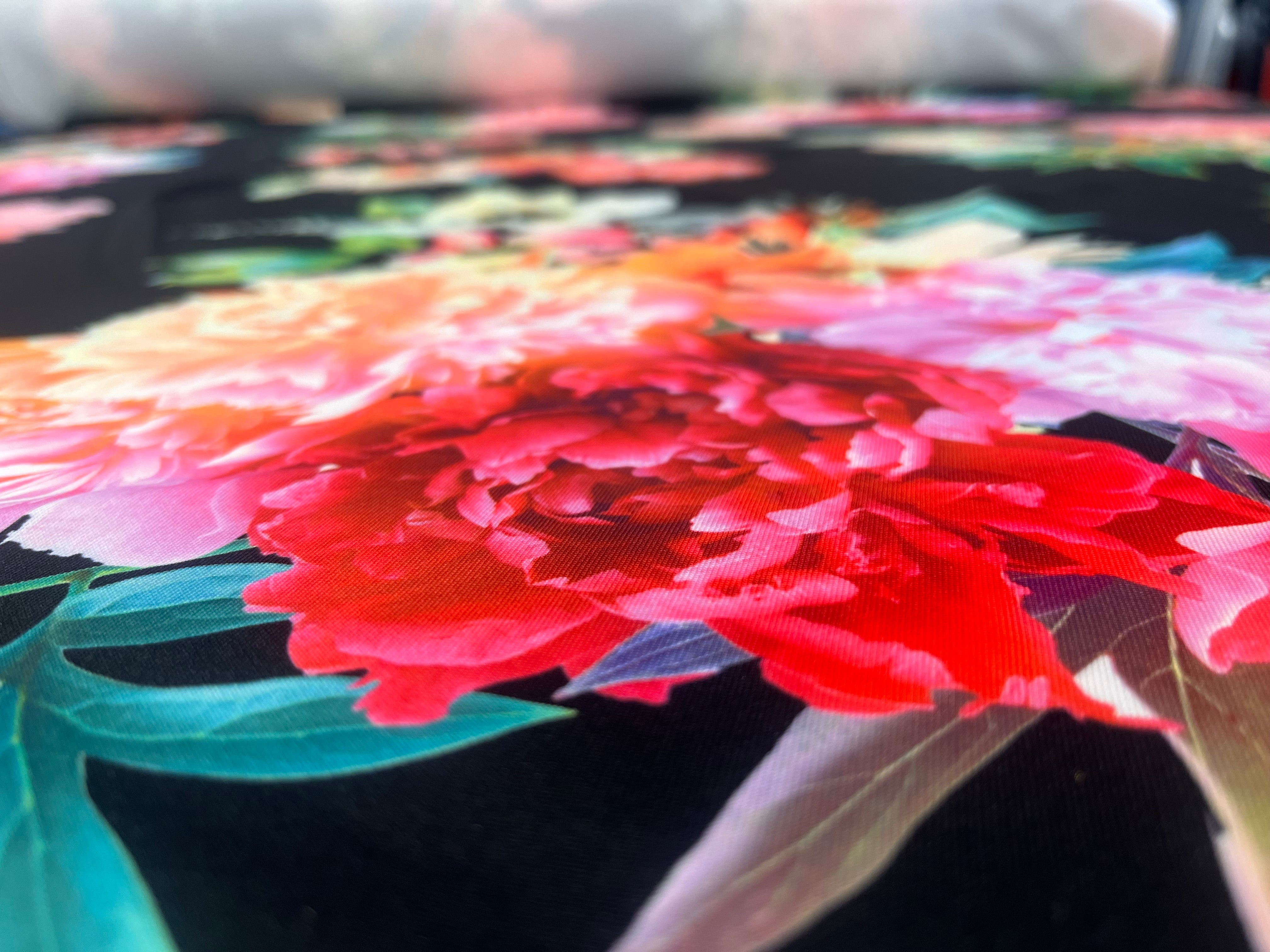 Black Peony Floral Print Scuba Fabric – Vibrant Garden Bloom