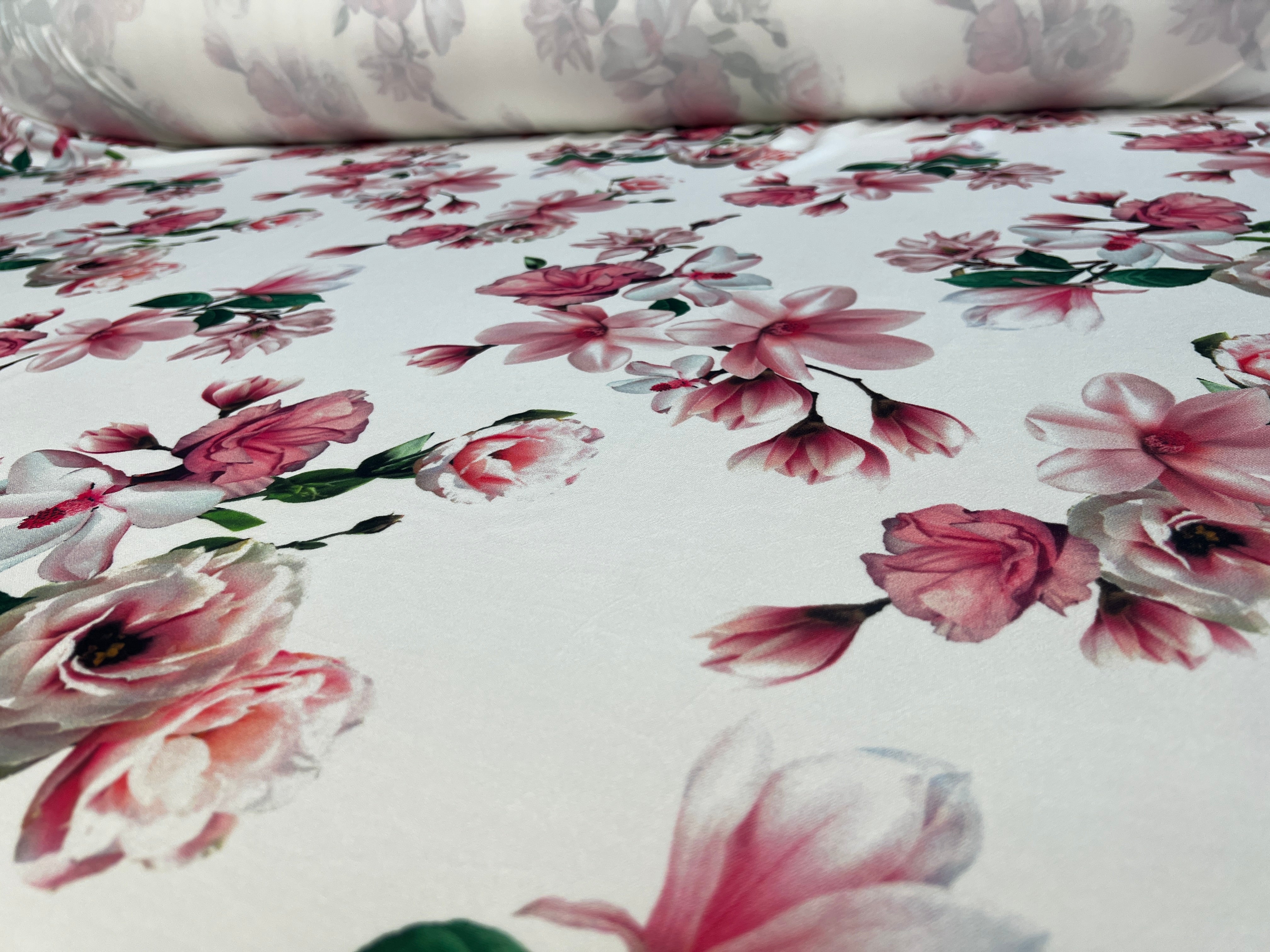 Ivory Pink Rose Floral Scuba Crepe Fabric