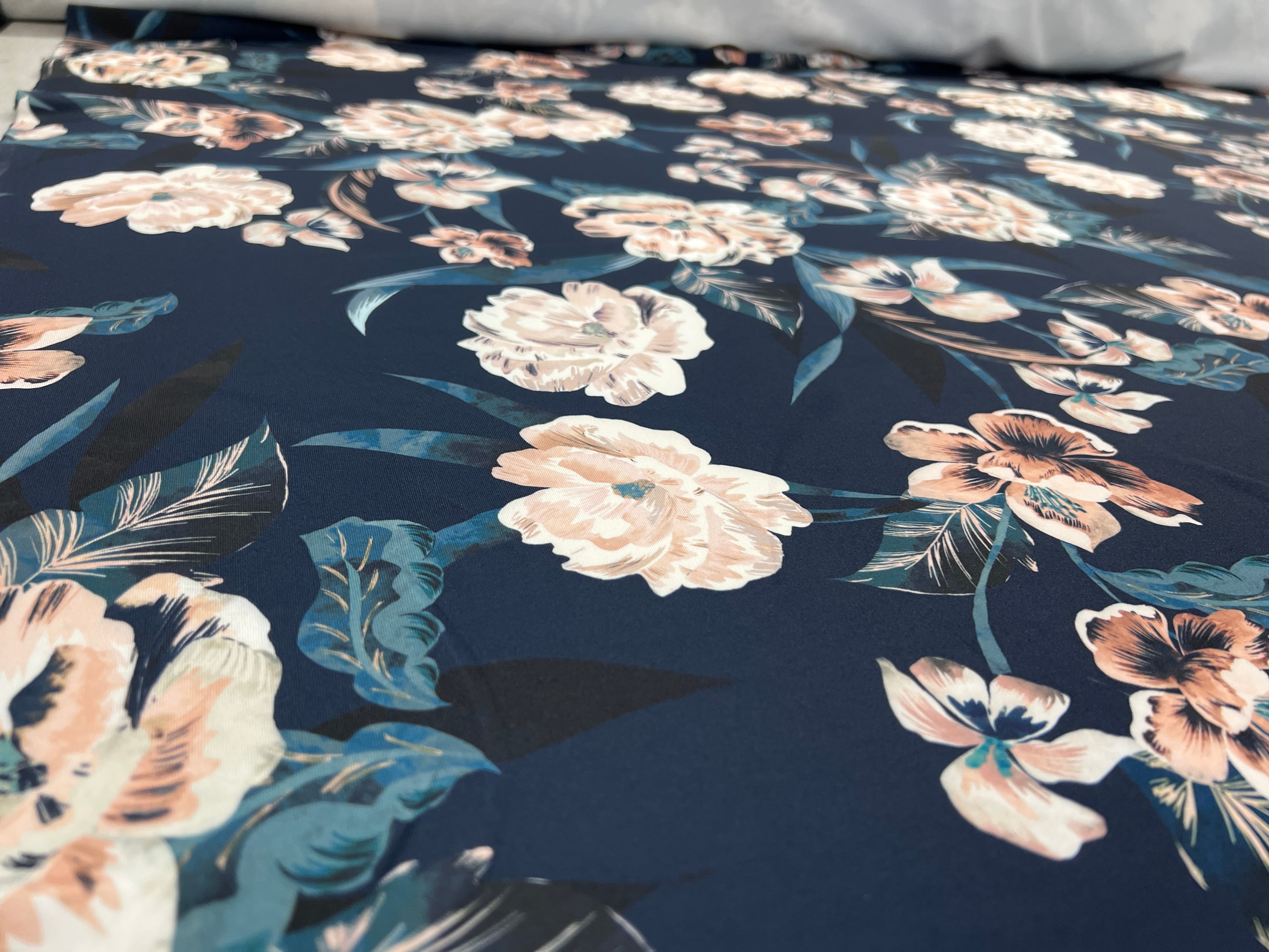 Peach Blossom Floral Scuba Fabric – Navy Blue & Teal