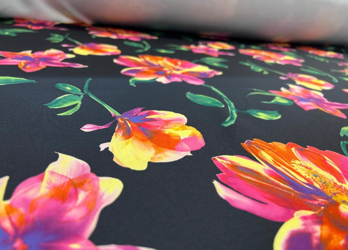 Black Vibrant Watercolour Floral Scuba Crepe Fabric