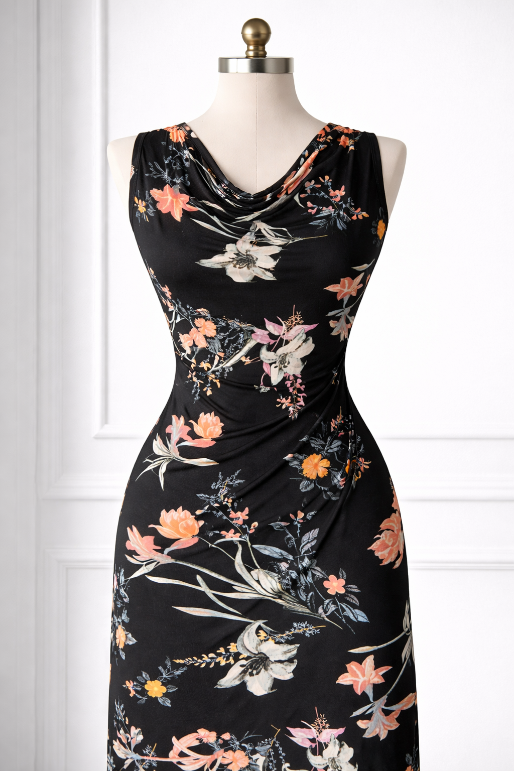 Black Botanical Floral Spun Polyester Jersey Fabric – Peach & Soft Blue Flowers