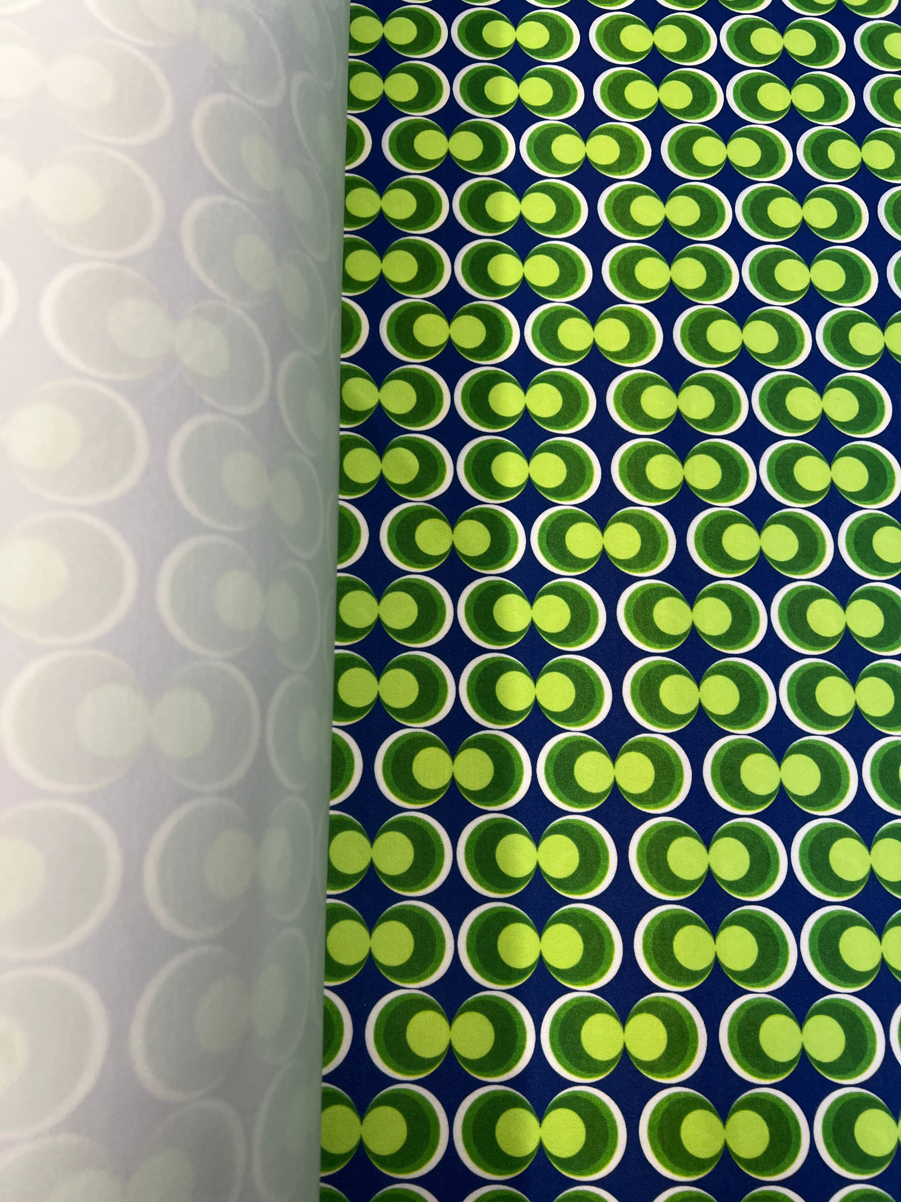 Retro Geometric Scuba Crepe Fabric – Blue & Green Circle Print Stretch Fabric, 153cm Wide