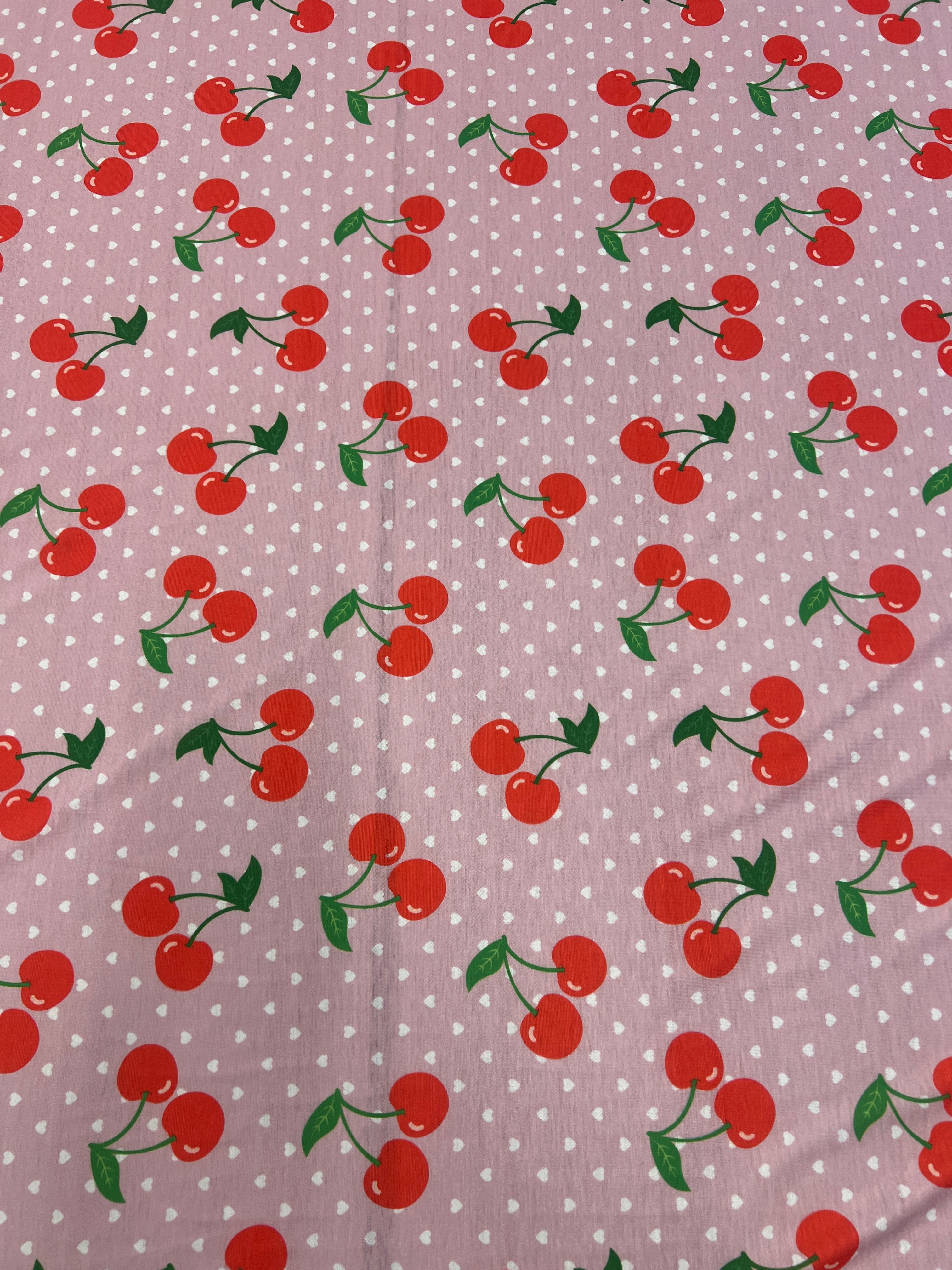 Pink Cherry & Heart Print Spun Polyester Fabric