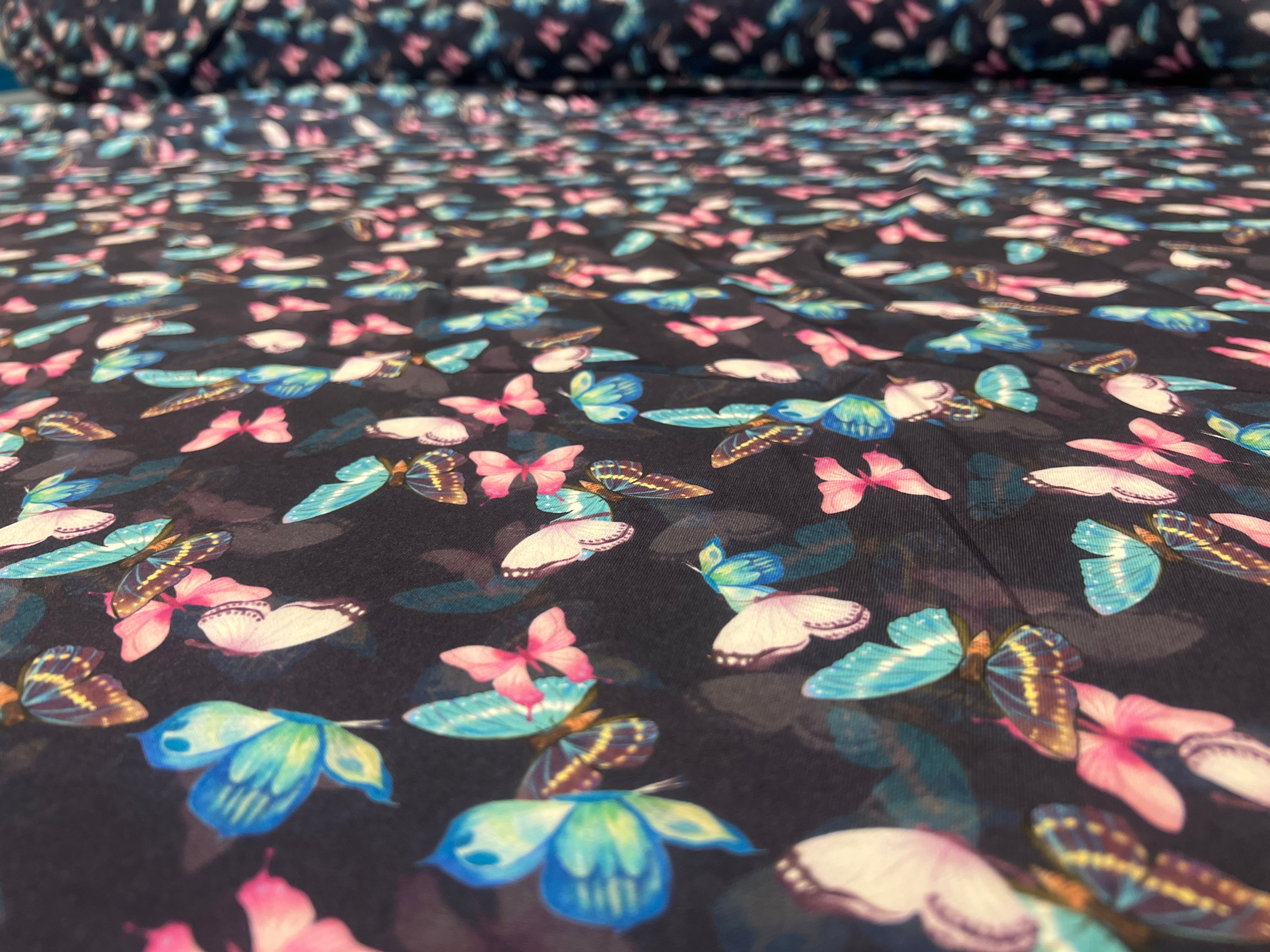 Black Multicolour Butterfly Scuba Crepe Fabric