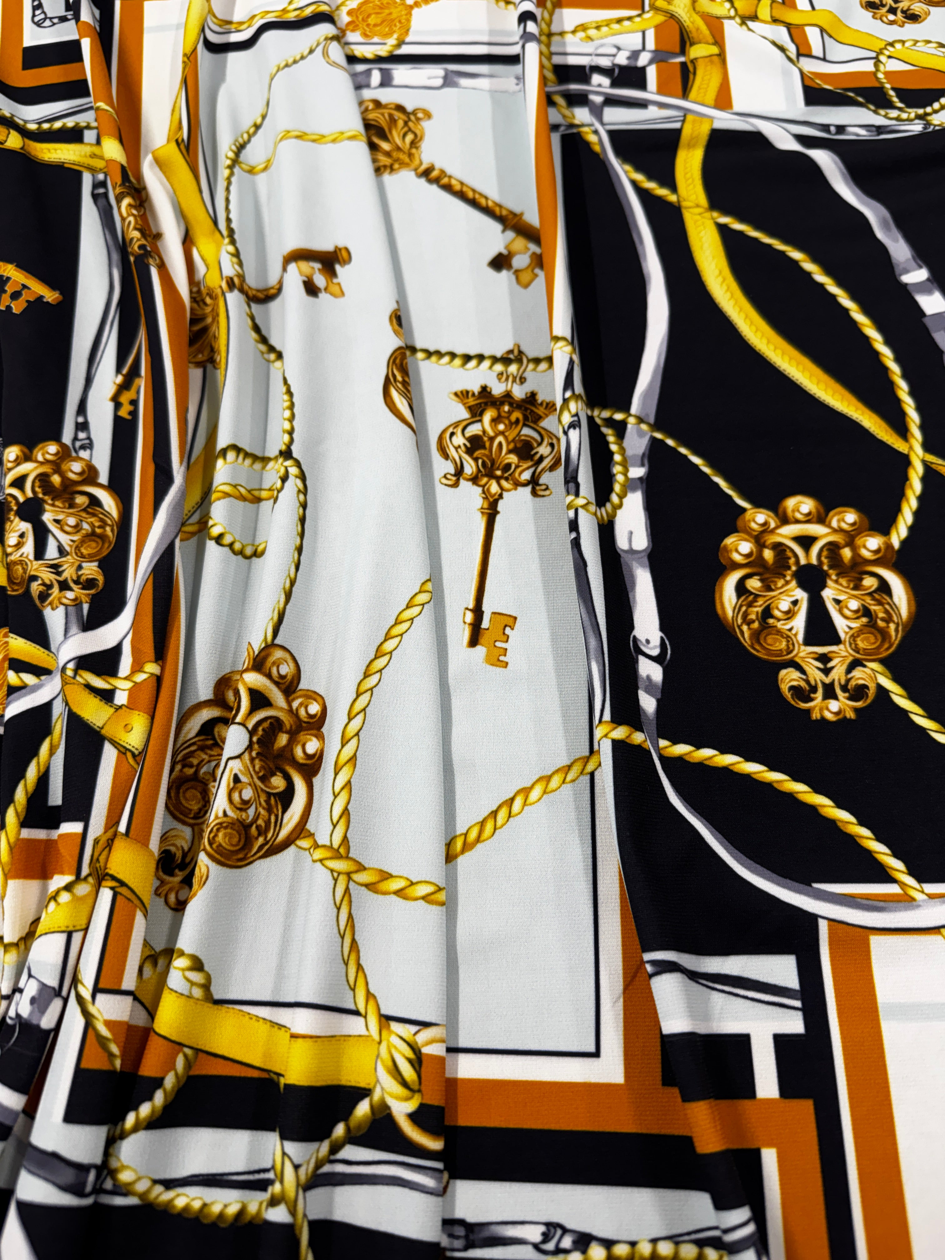 Chain & Key Print ITY Fabric – Black White Gold Scarf Style Stretch Jersey, 145cm Wide