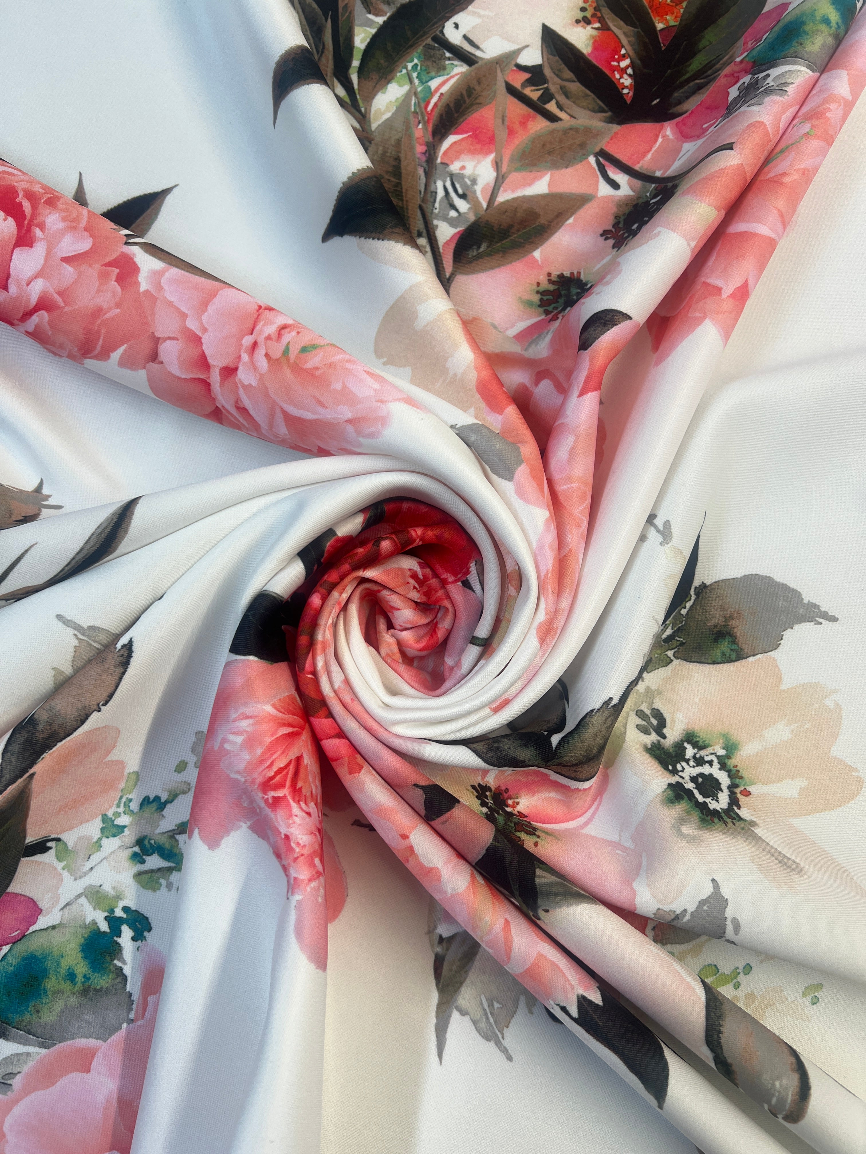 Ivory & Pink Floral Scuba Fabric – Peony Flower Print Stretch Scuba, 150cm Wide Dress Fabric