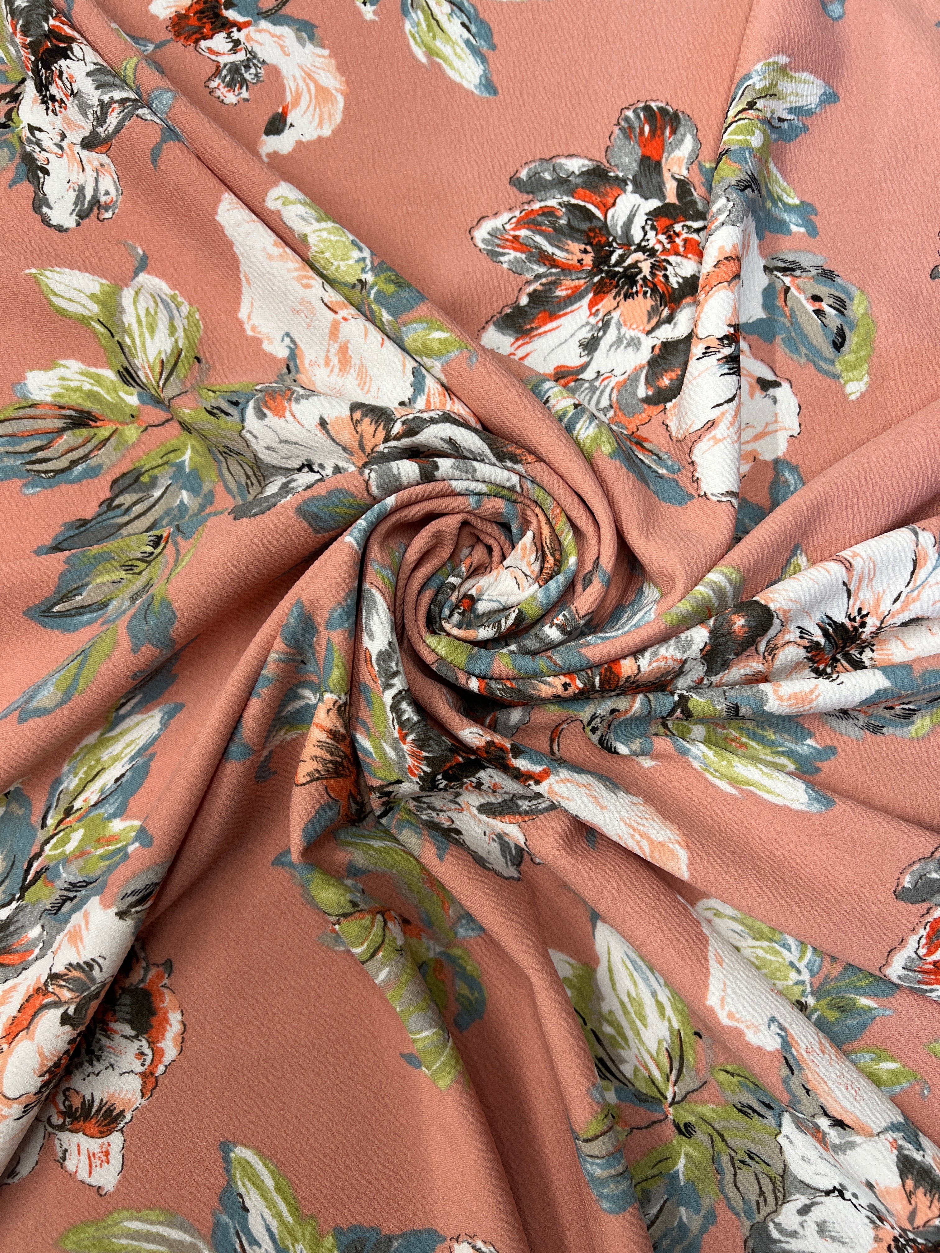 Dusty Rose & Ivory Painterly Floral Liverpool Knit Fabric – ivory and charcoal painterly flowers with sage leaves on a dusty rose ground
