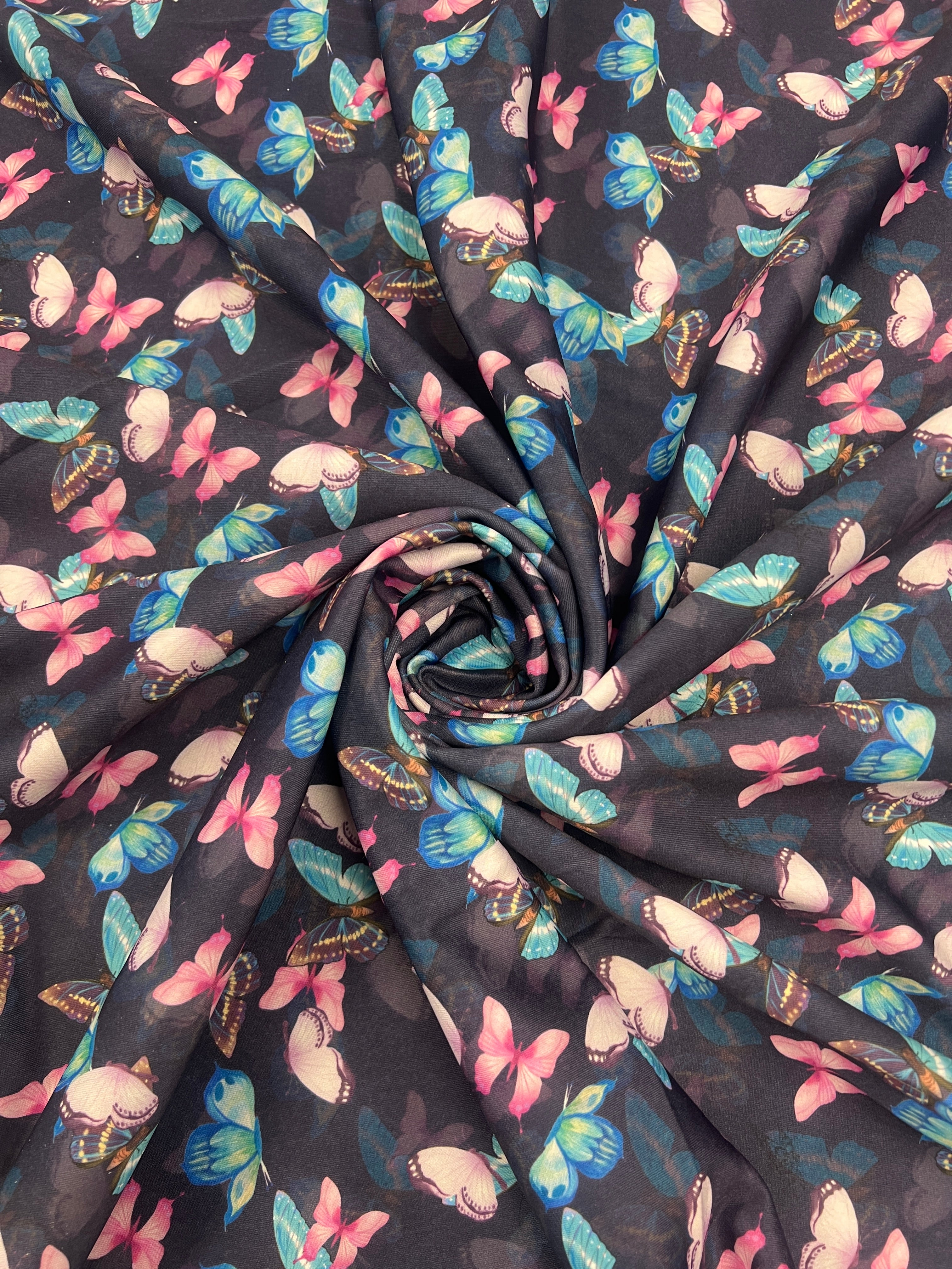 Black Multicolour Butterfly Scuba Crepe Fabric