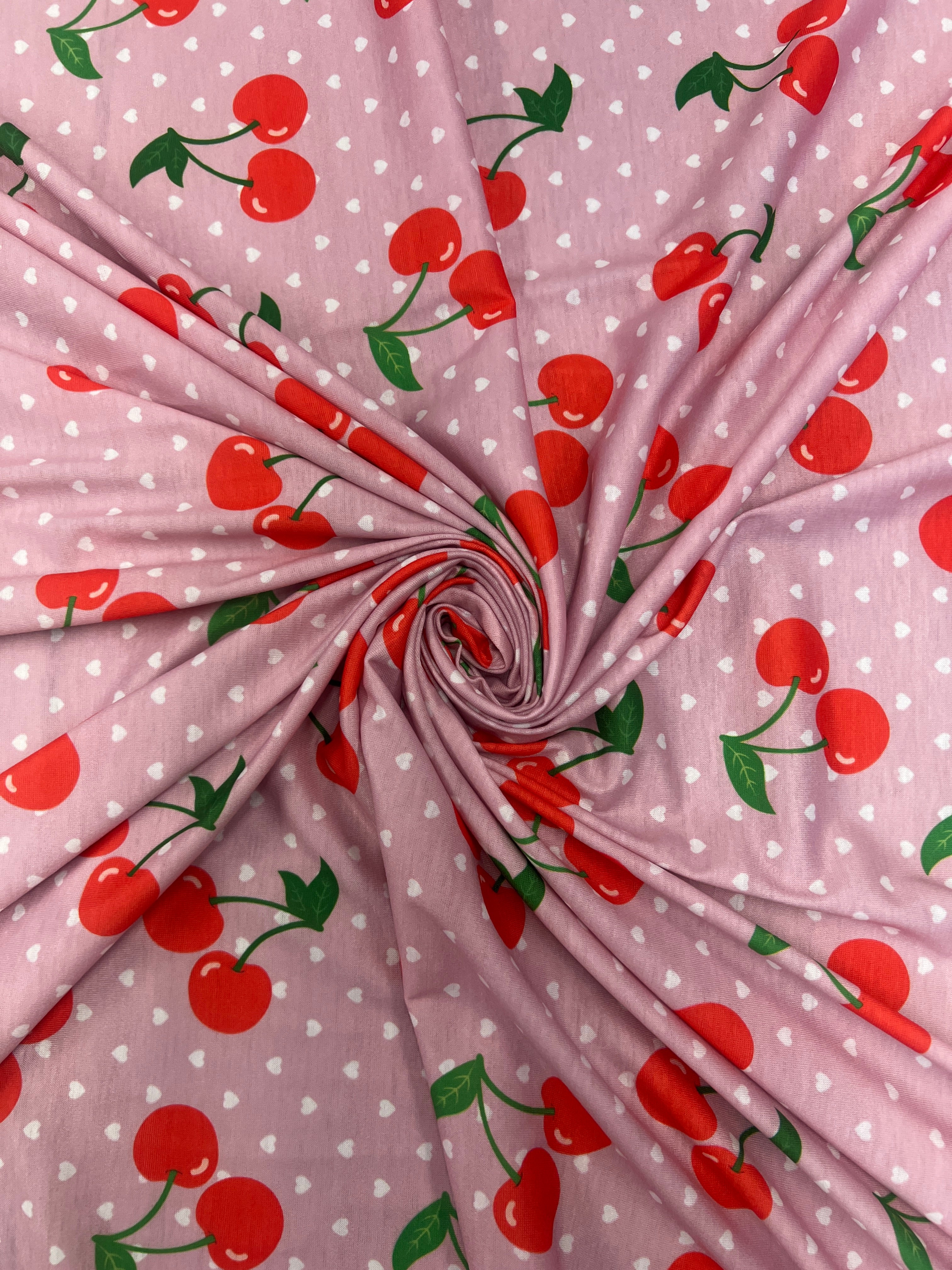 Pink Cherry & Heart Print Spun Polyester Fabric