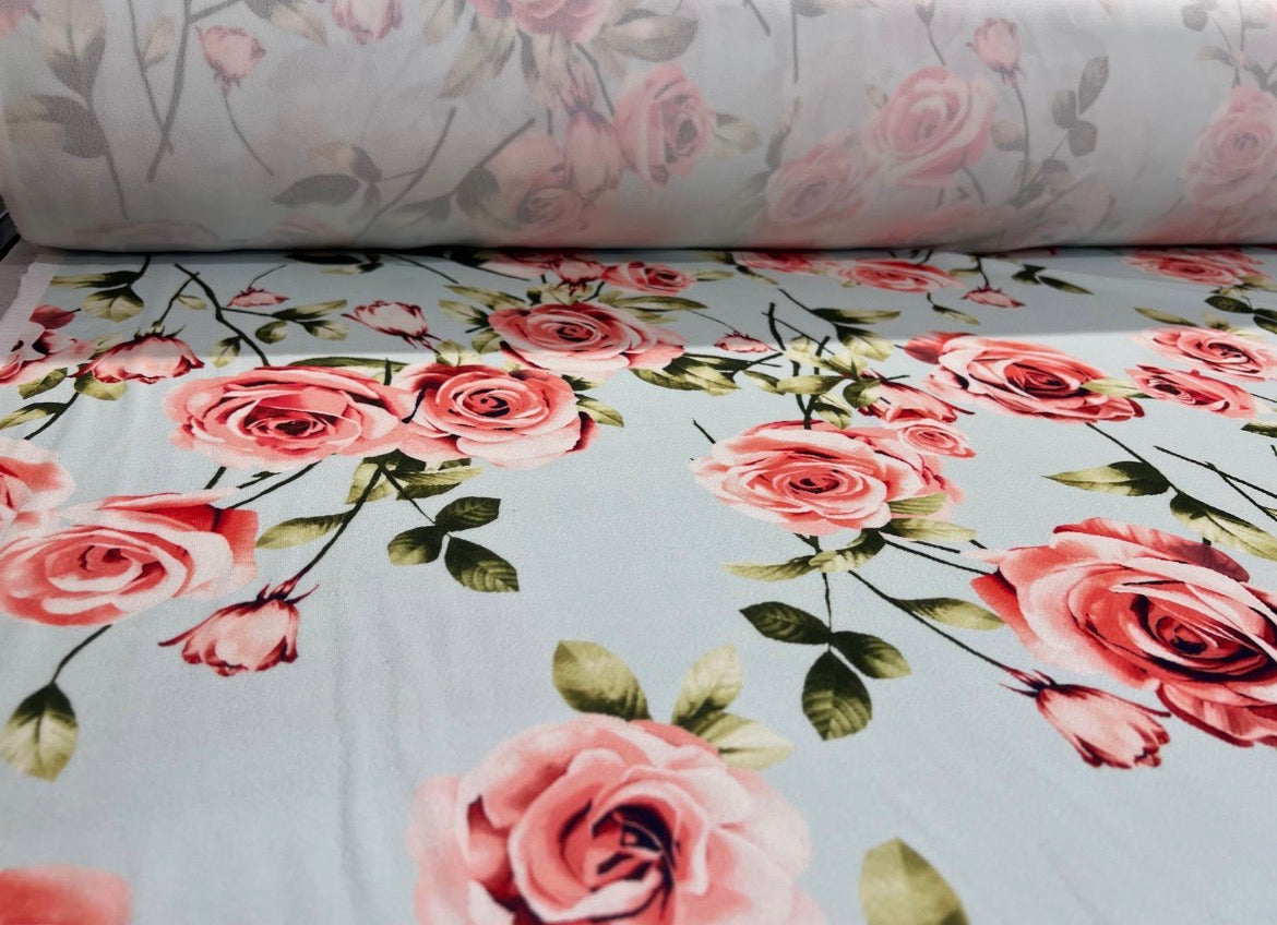 Blush Pink Rose Floral Liverpool Fabric – Soft Blue & Green