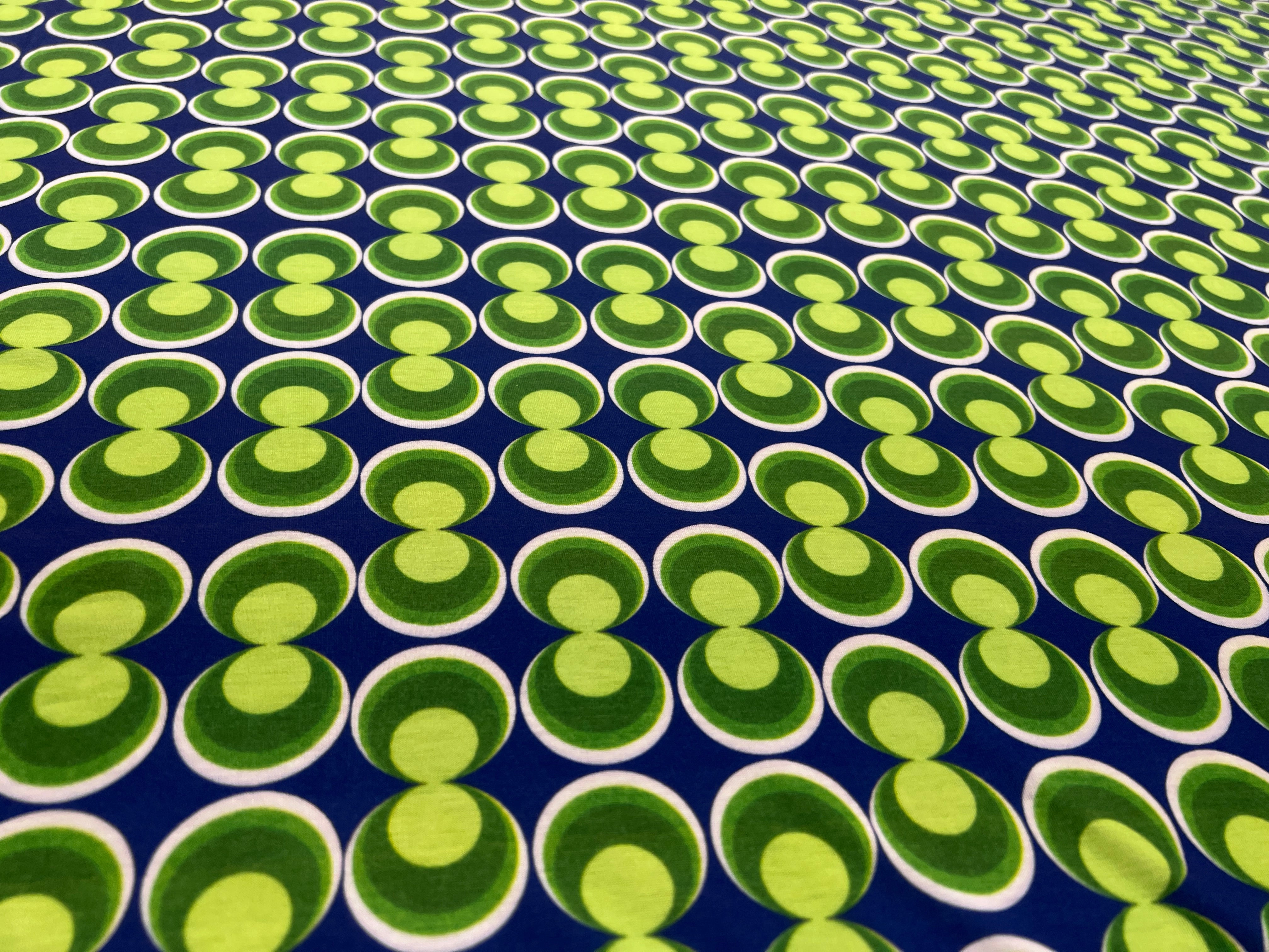 Blue & Green Retro Geometric Spun Polyester Fabric – Circle Print Dress Fabric, 153cm Wide