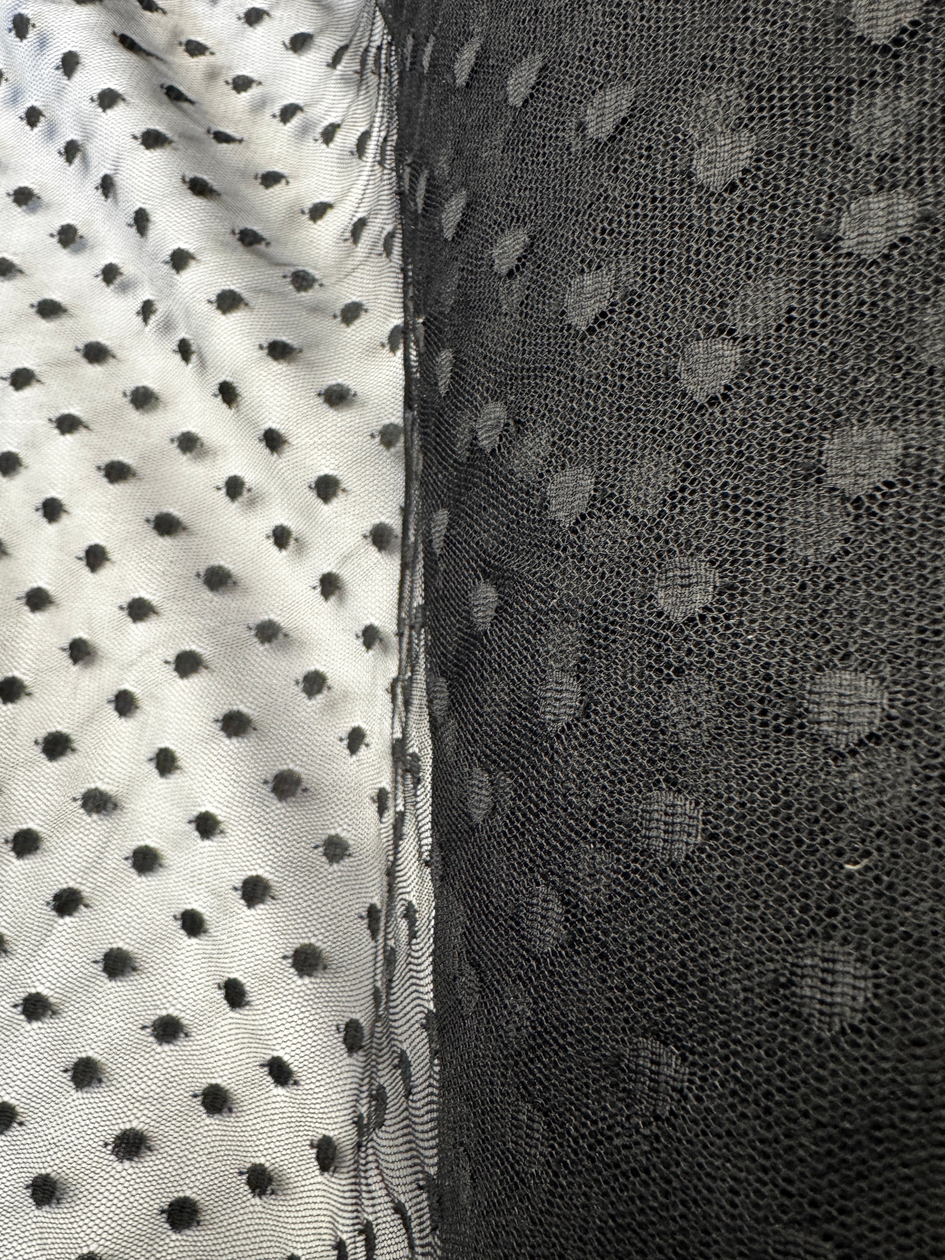 Black Flocked Polka Dot Dobby Mesh Two-Way Stretch, 135cm Wide
