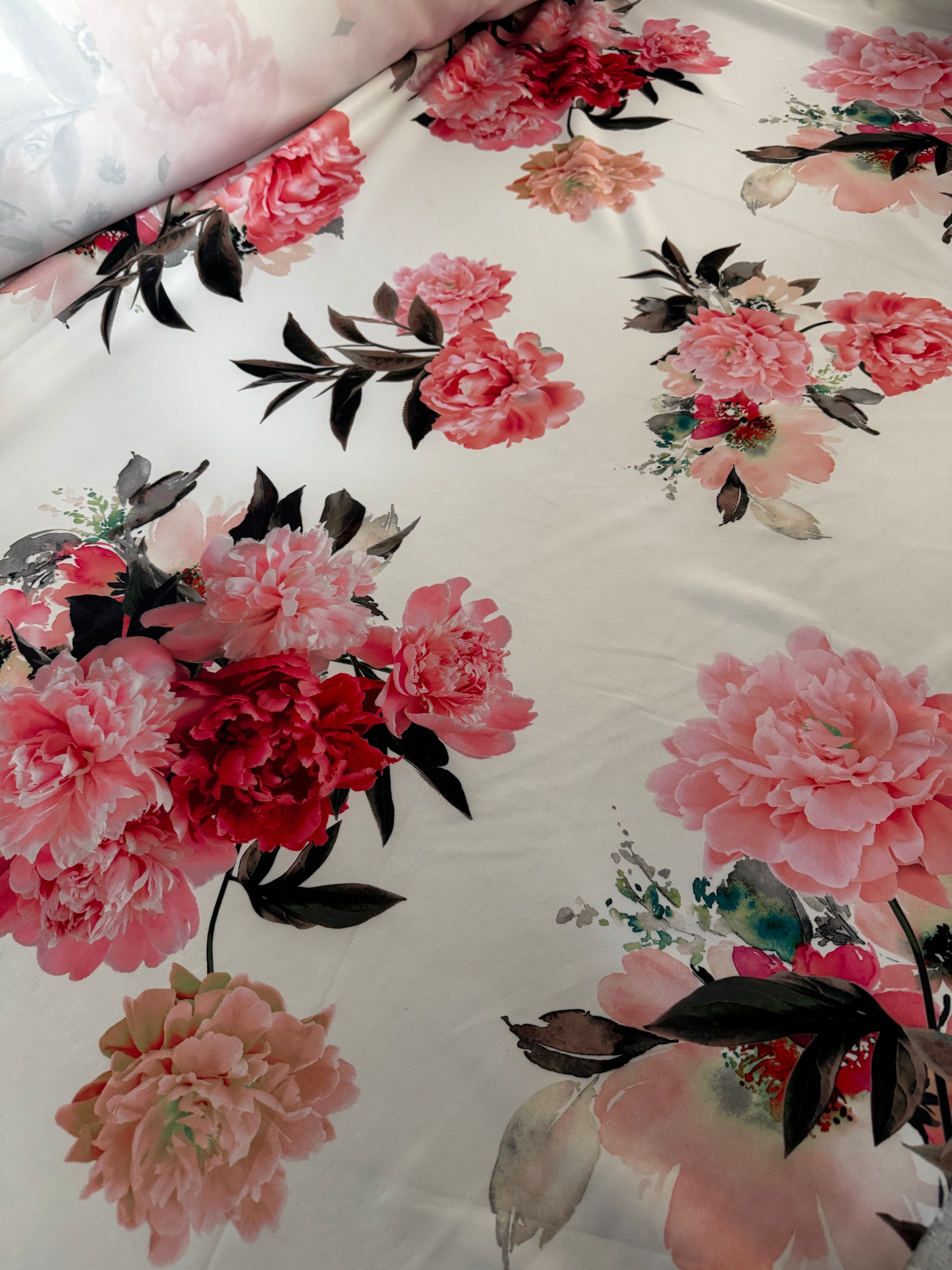 Elegant Blush Peony Floral Scuba Fabric on Soft Cream – 149cm Wide