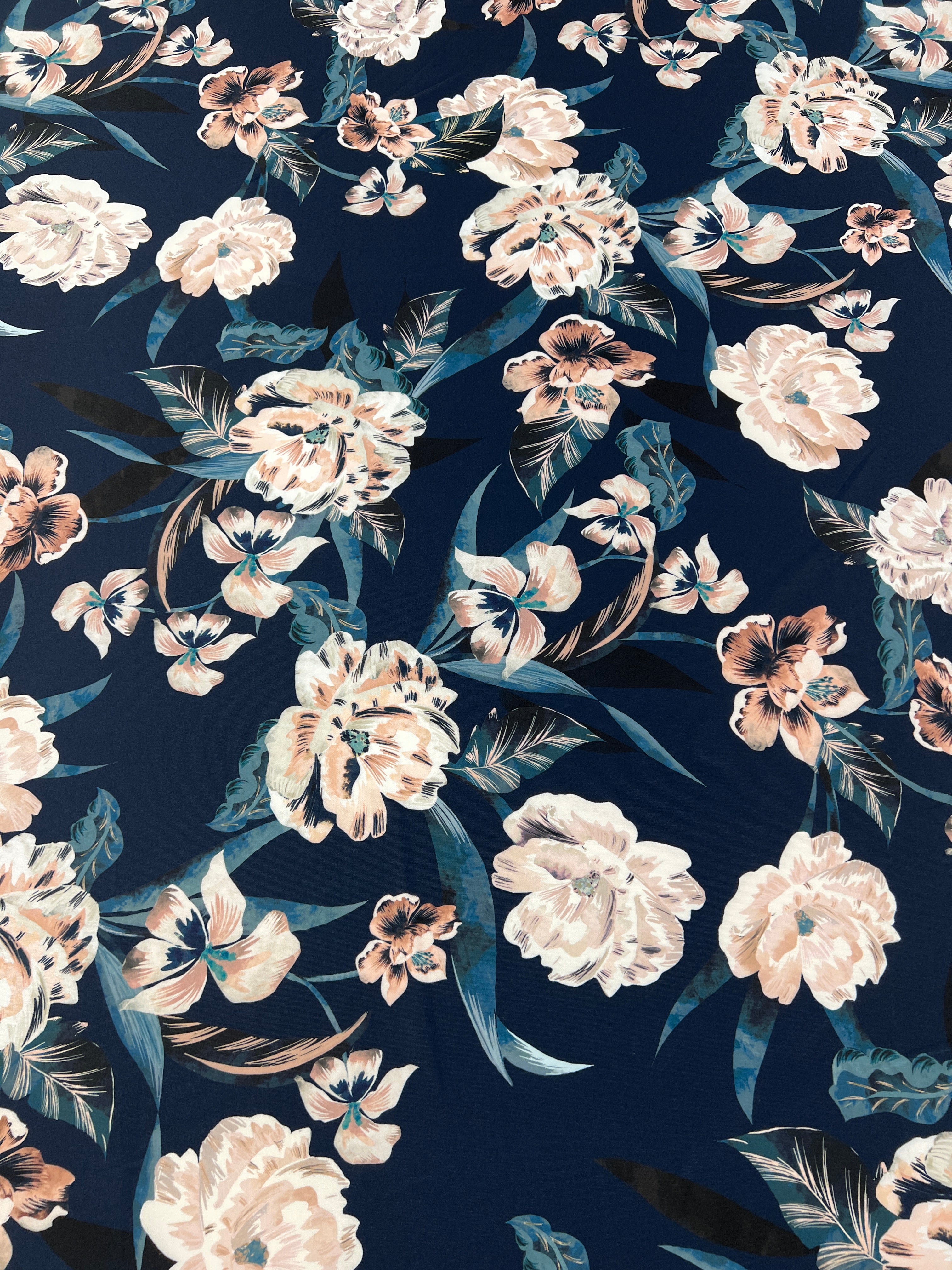 Peach Blossom Floral Scuba Fabric – Navy Blue & Teal