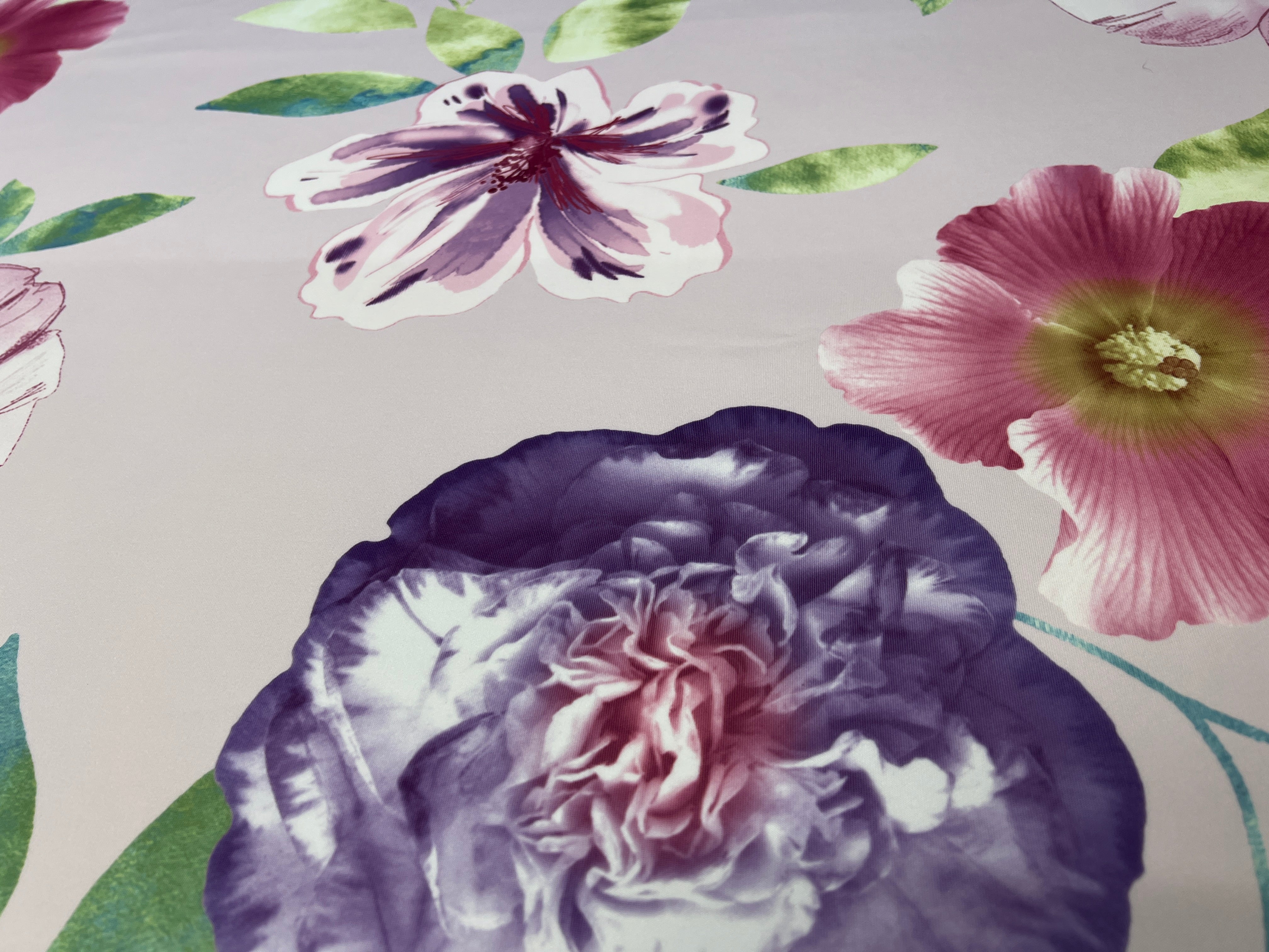 Blush Pink & Purple Watercolour Peony Floral Scuba Fabric – violet peonies and pink hibiscus with watercolour leaves on a blush pink ground