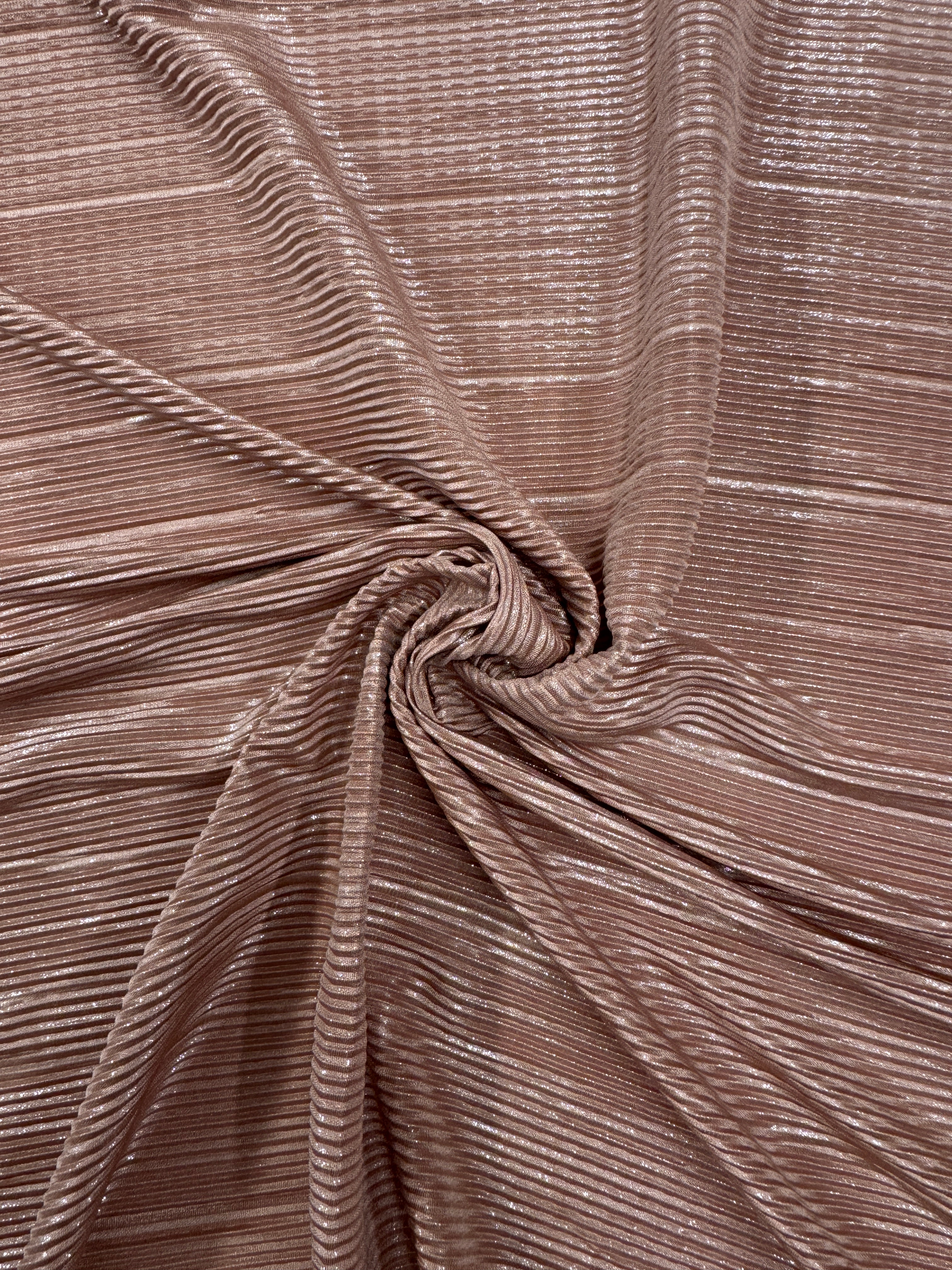 Rose Gold Plissé Fabric – Lightweight Metallic Pleated Stretch Fabric, 148cm Wide